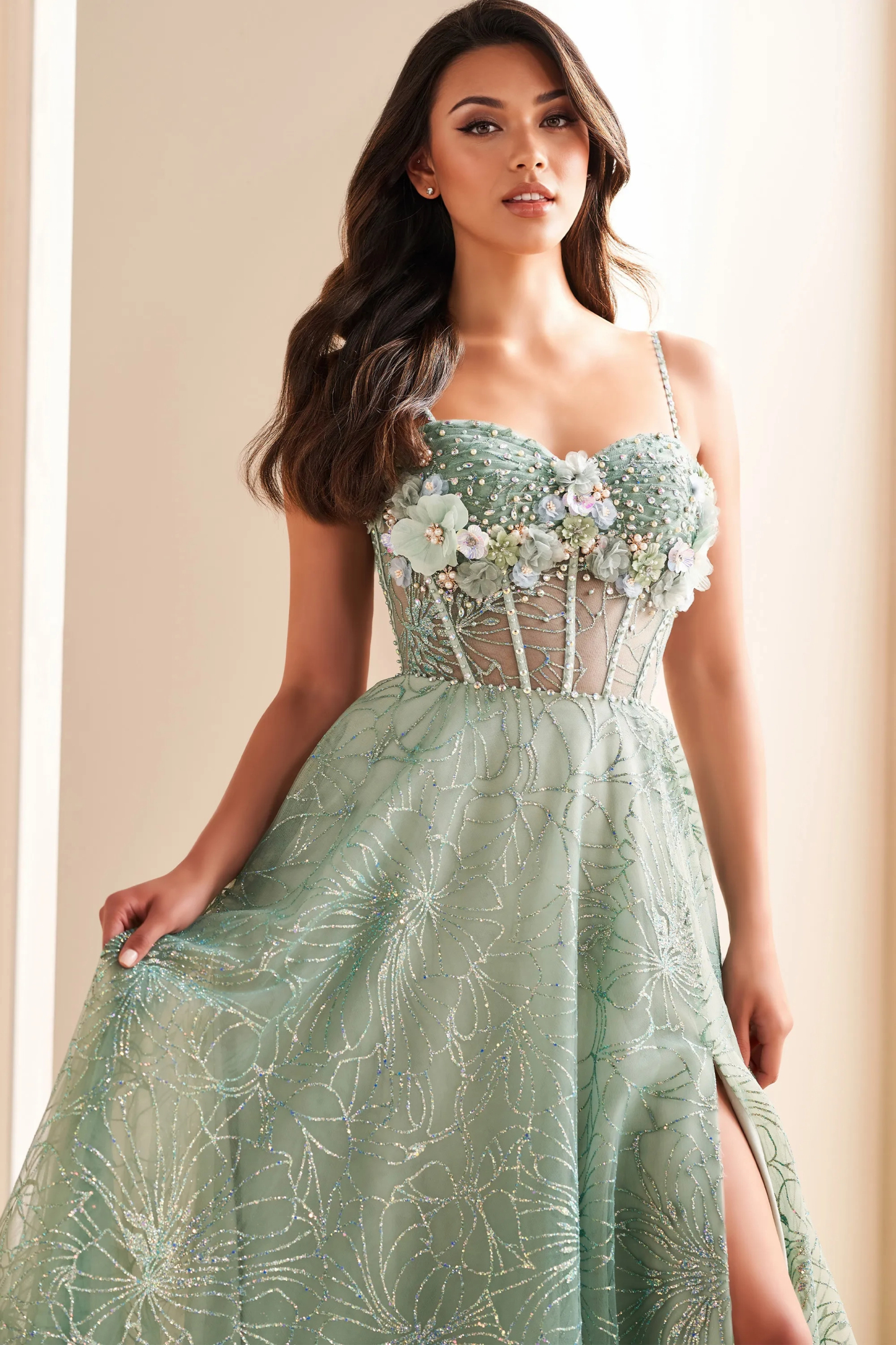 A-Line Sweetheart Stone Accents 3D Flowers Slit Prom Dress #Ellie Wilde 36218