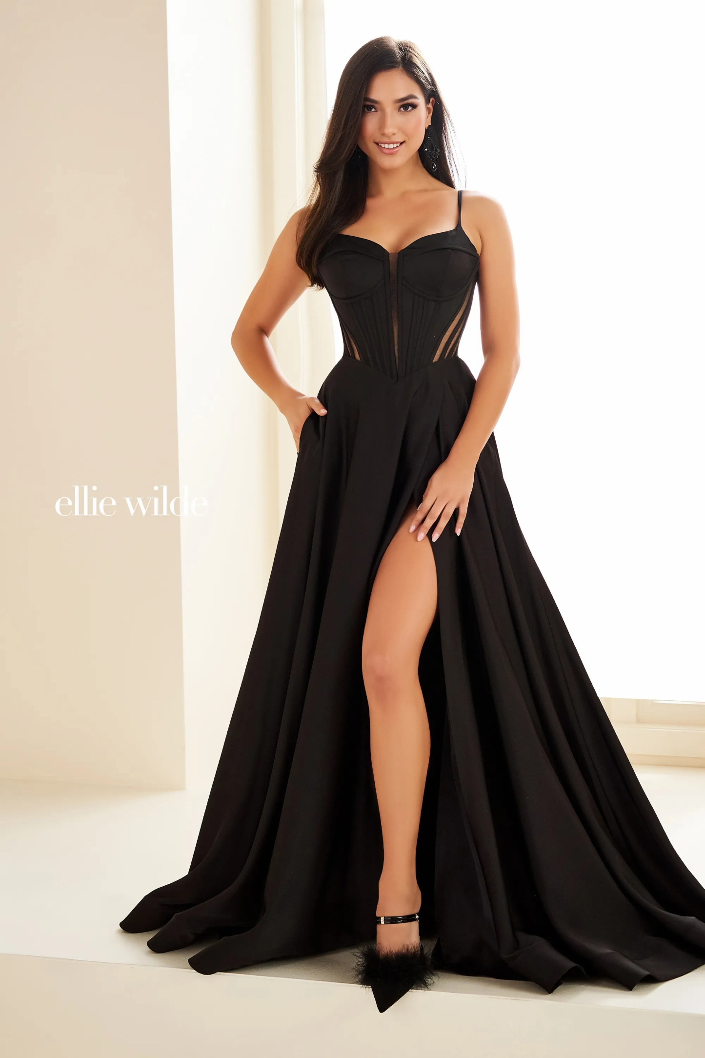 A-Line Sweetheart Satin Corset Bodice Side Pockets Prom Dress #Ellie W