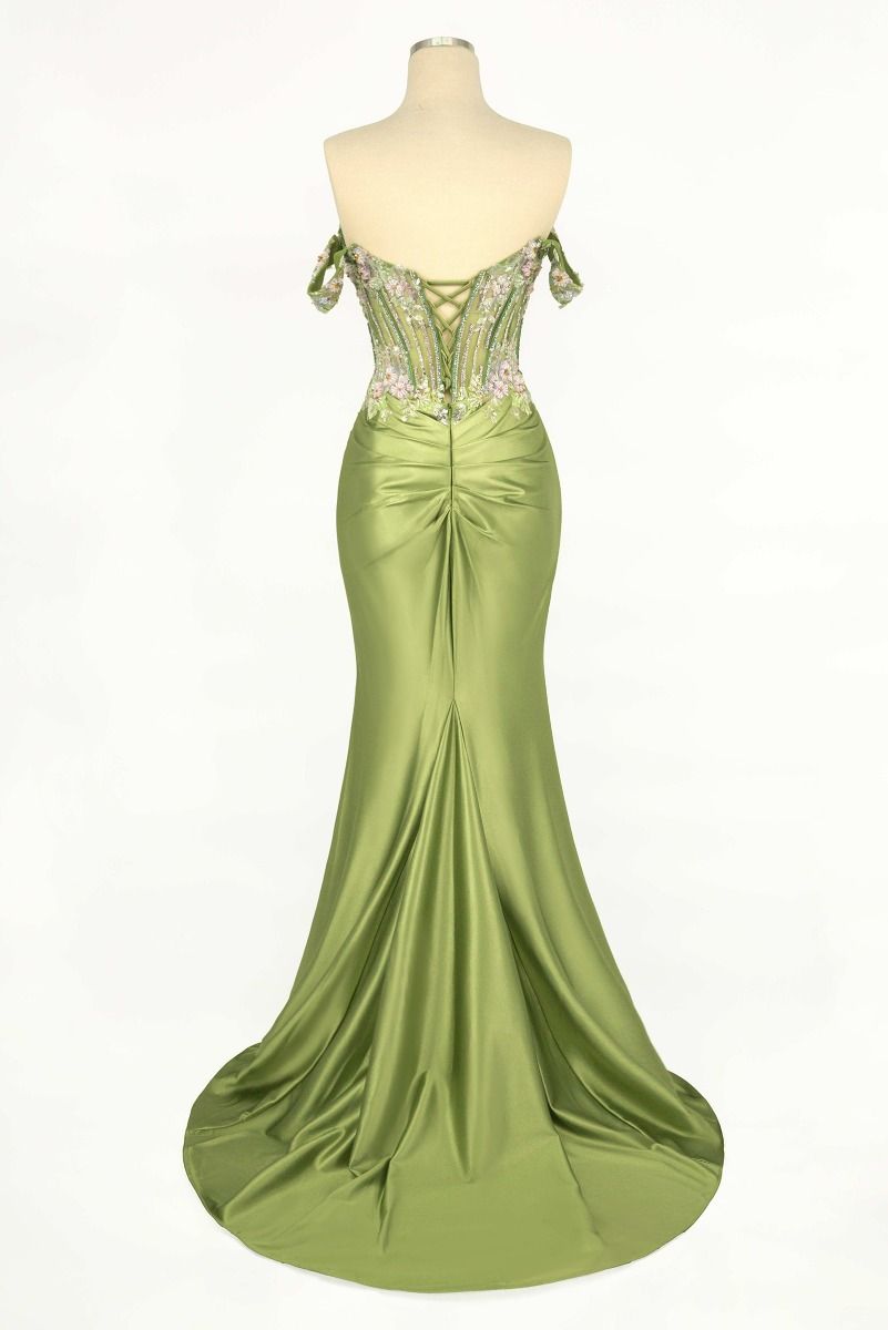 Fitted Off The Shoulder Floral Beaded Satin Prom Dress