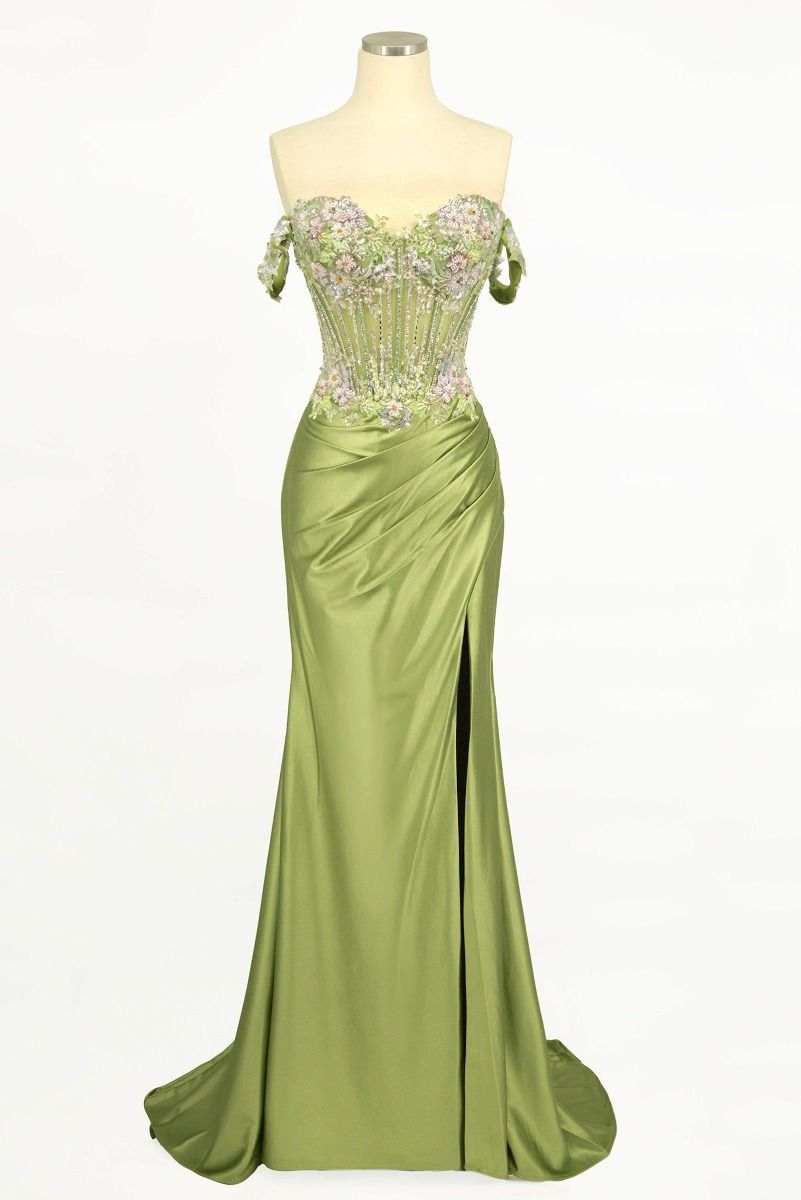 Fitted Off The Shoulder Floral Beaded Satin Prom Dress