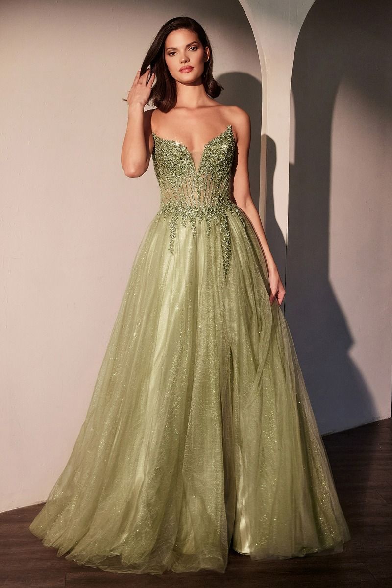 A-Line Strapless Layered Tulle Lace Appliques Prom Dress CC487