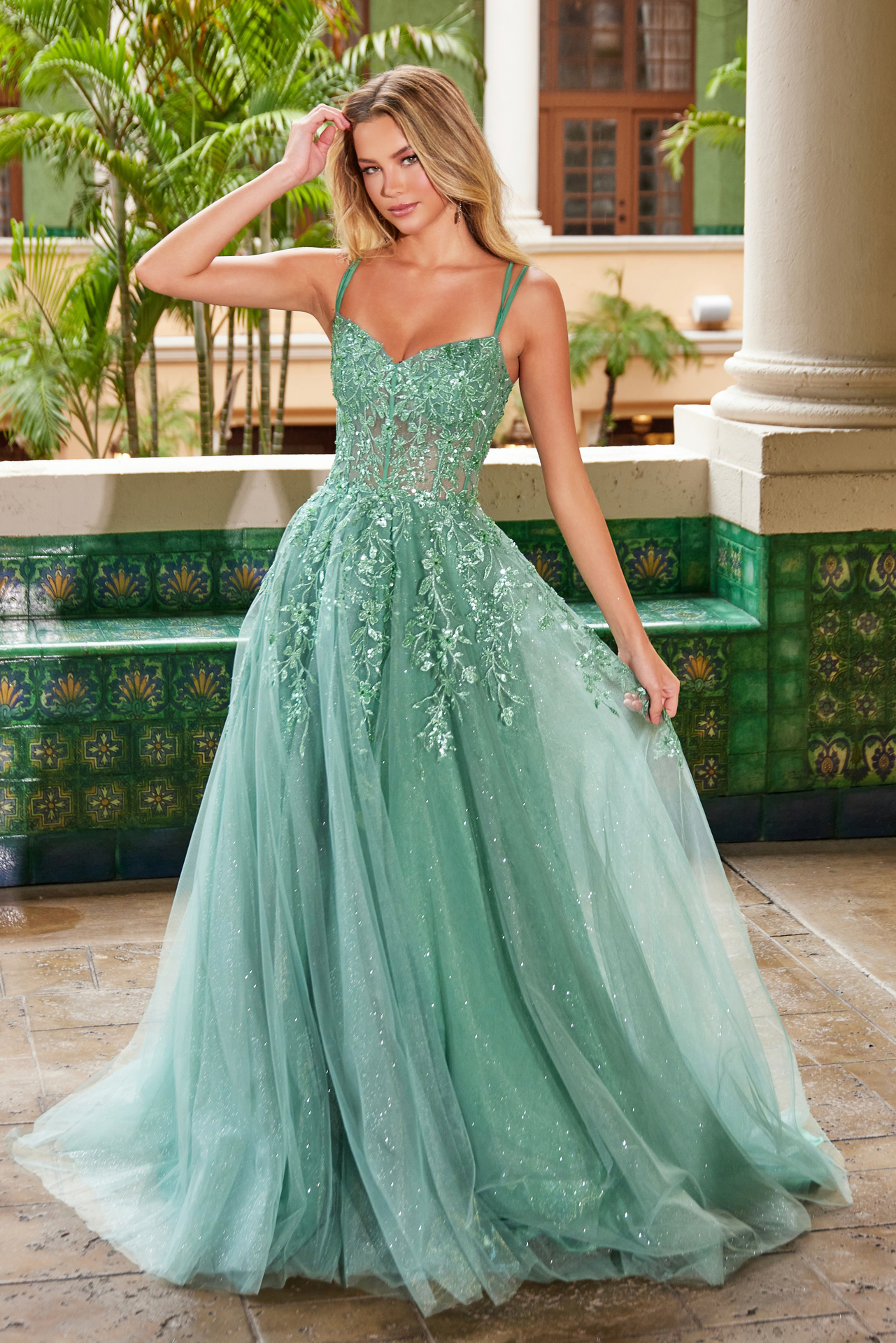LONG A-LINE DRESS WITH A SHEER BONED WAISTLINE EMBROIDERED  H1682