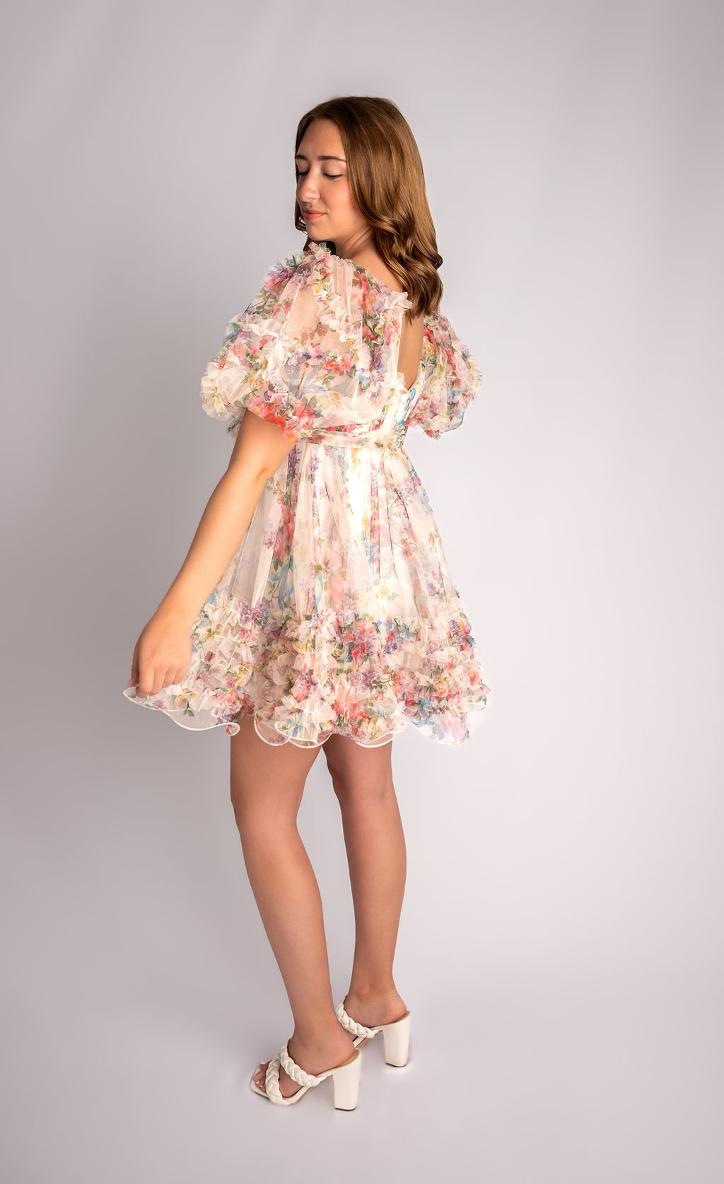 Floral empire waist mini dress with puff sleeves#HC004