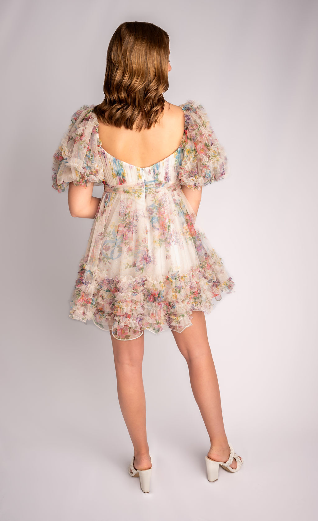 Floral empire waist mini dress with puff sleeves#HC004