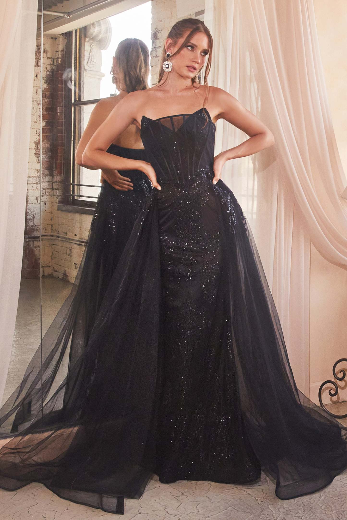 Strapless Glitter Evening Gown With Removable Tulle Overskirt #J858