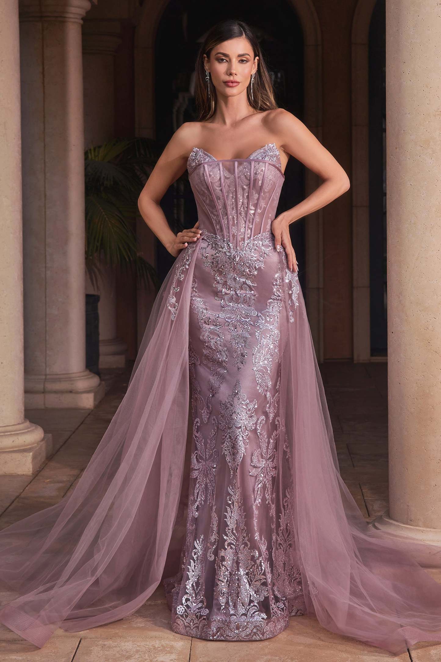 Strapless Glitter Evening Gown With Removable Tulle Overskirt #J858