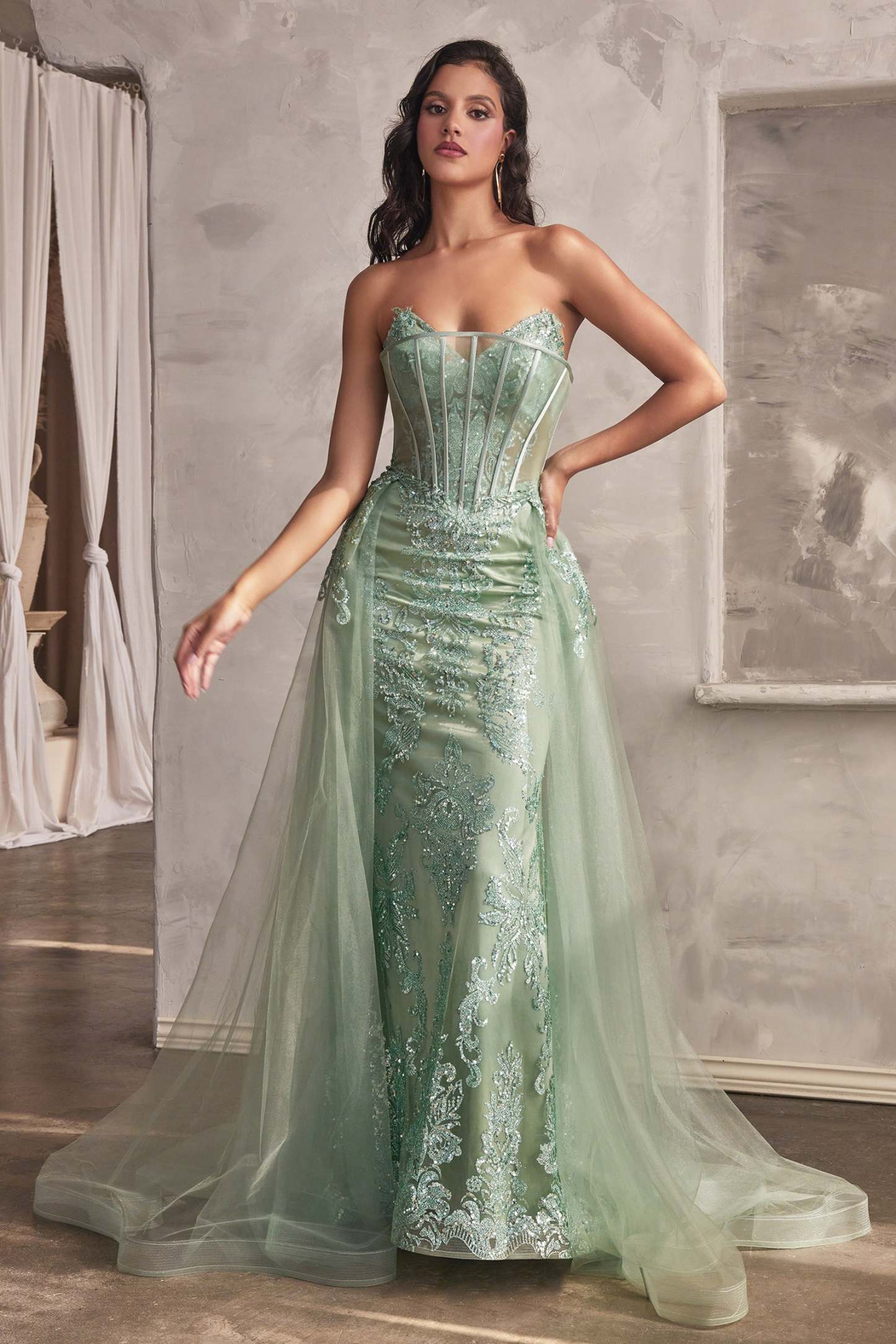 Strapless Glitter Evening Gown With Removable Tulle Overskirt #J858