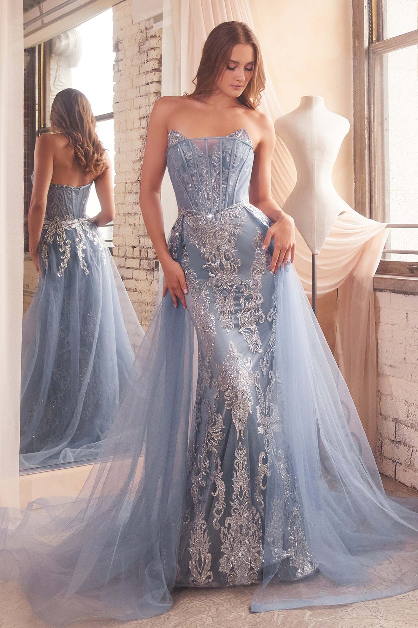 Strapless Glitter Evening Gown With Removable Tulle Overskirt #J858