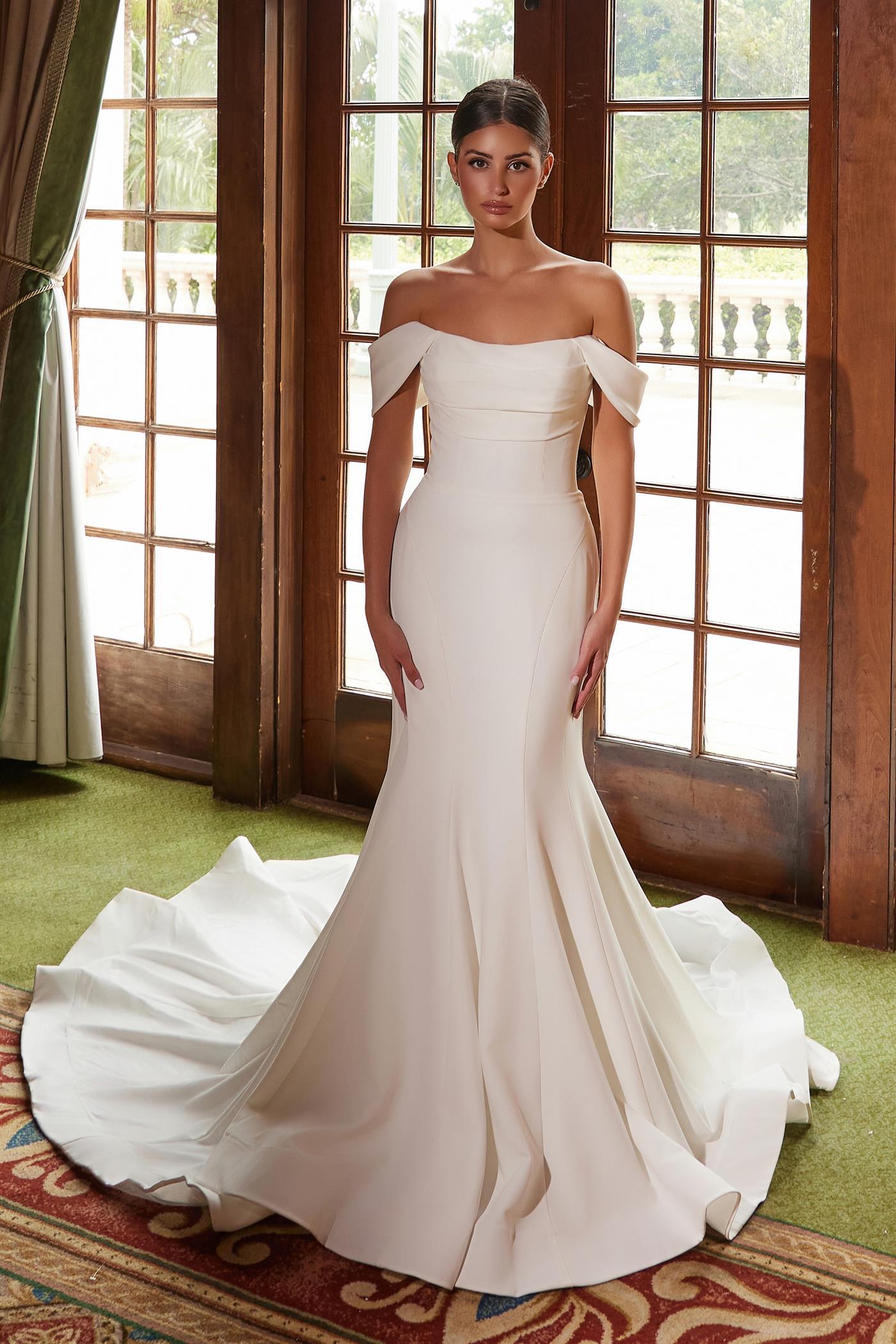 Straight Top Pleated Off-Shoulder Wedding Gown Style JW1032