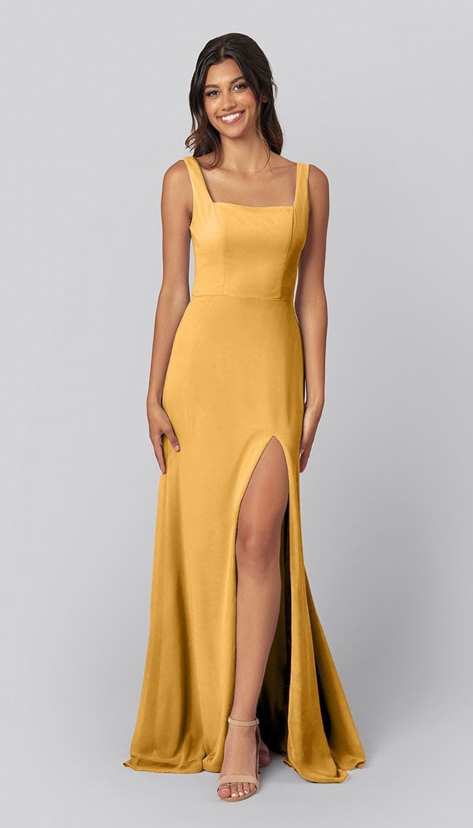 Modern A-Line Square Neckline Slit Bridesmaid Dress