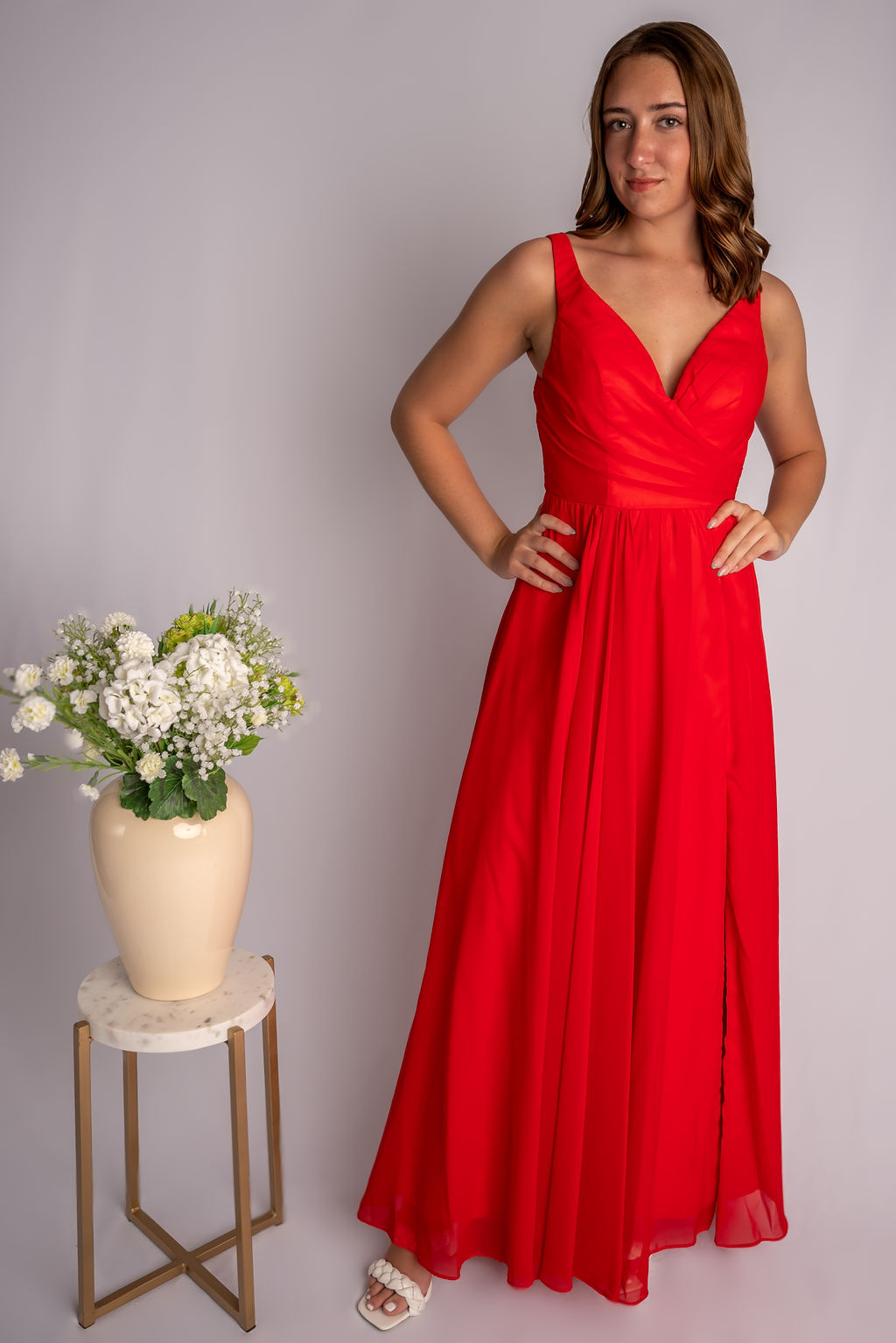 A-Line V-Neck Slit Ruffles Sleeveless Bridesmaid Dress #RJBM007