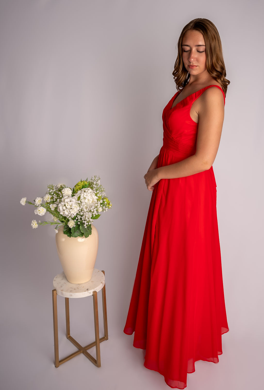 A-Line V-Neck Slit Ruffles Sleeveless Bridesmaid Dress #RJBM007