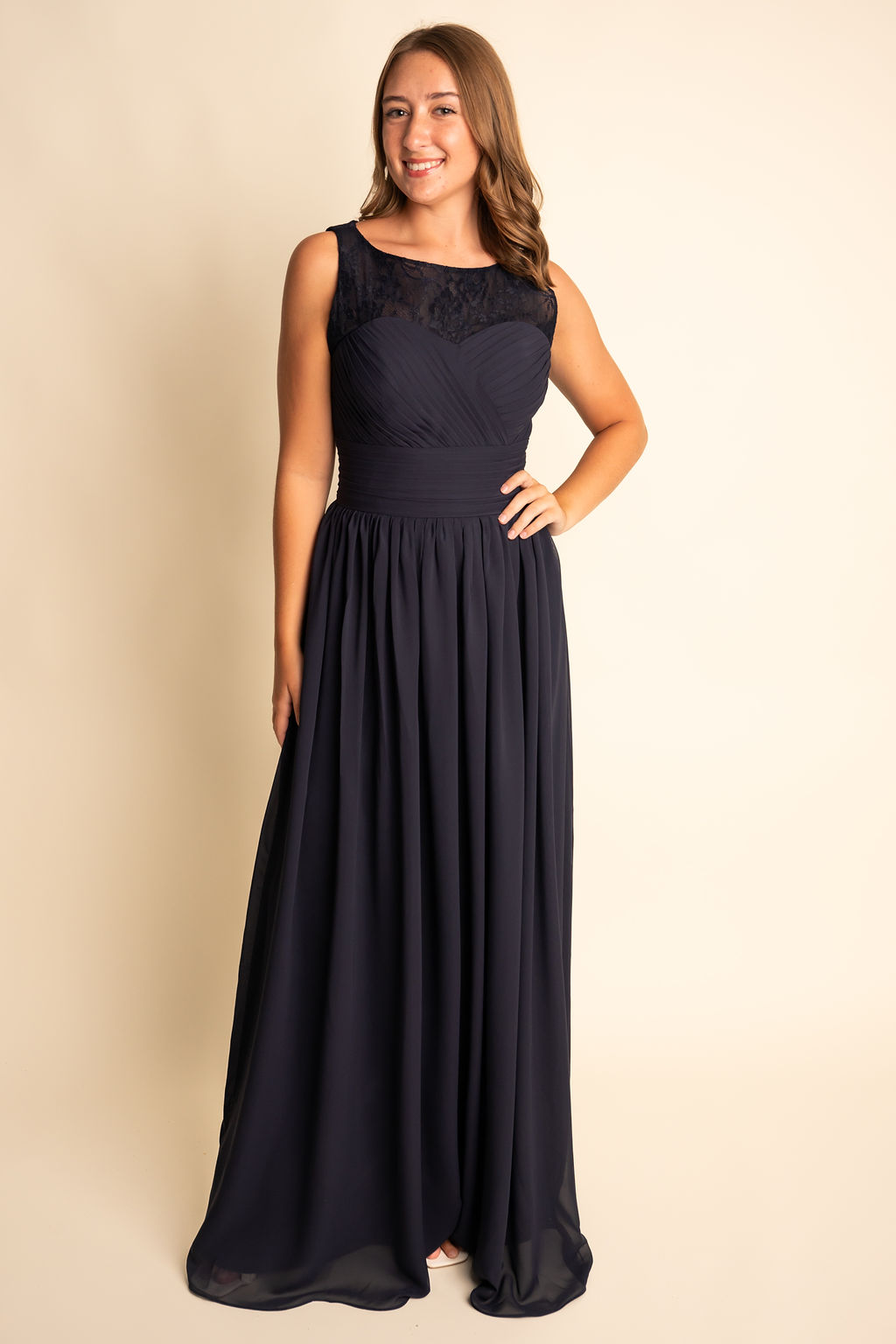 A-Line High Neck Lace Ribbon Belt Bridesmaid Dress #RJBM043