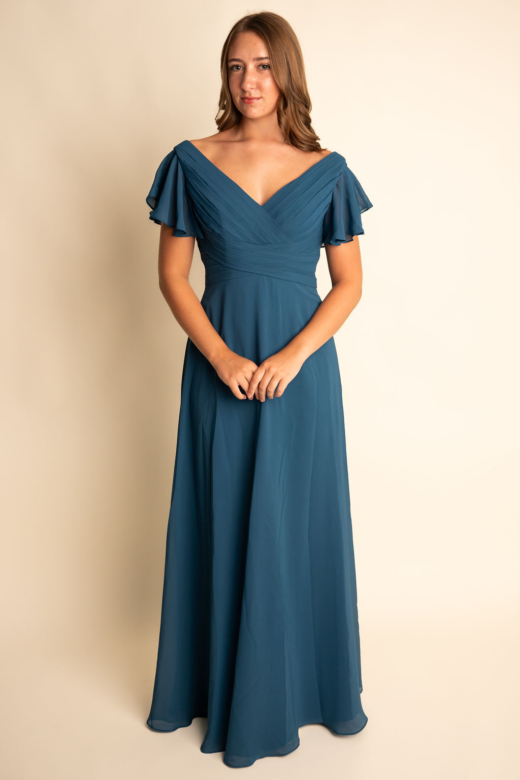 A-Line Chiffon V Neck Flutter Sleeve Bridesmaid Dress #RJBM044