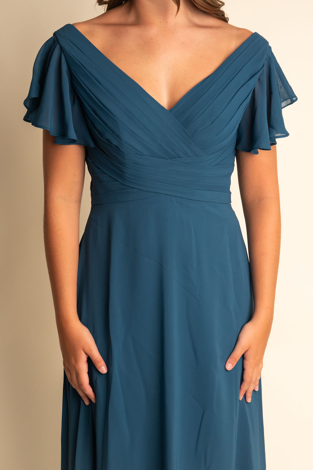 A-Line Chiffon V Neck Flutter Sleeve Bridesmaid Dress #RJBM044