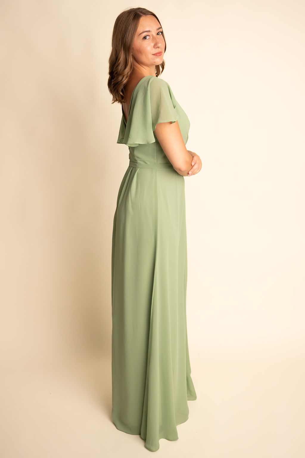 A-Line Light Green Chiffon V Neck Flutter Sleeve Bridesmaid Dress #RJBM049