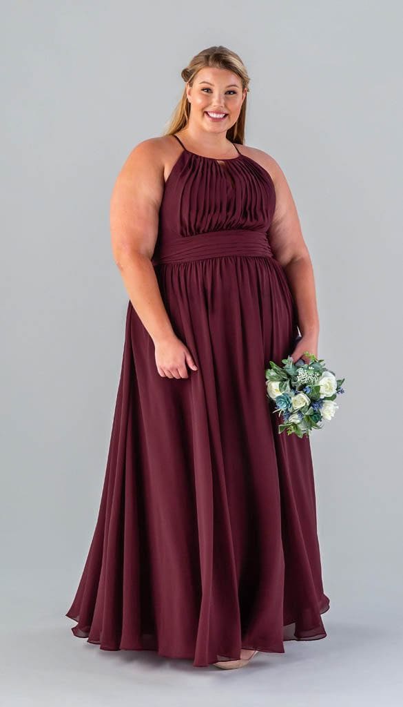 Flowy A-Line High Halter Spaghetti Straps Bridesmaid Dress With Keyhole