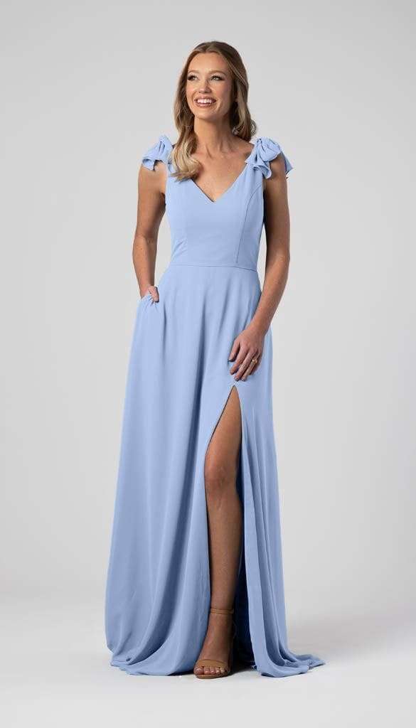 A-Line V-Neck Chiffon Pockets Bows On Straps Bridesmaid Dress