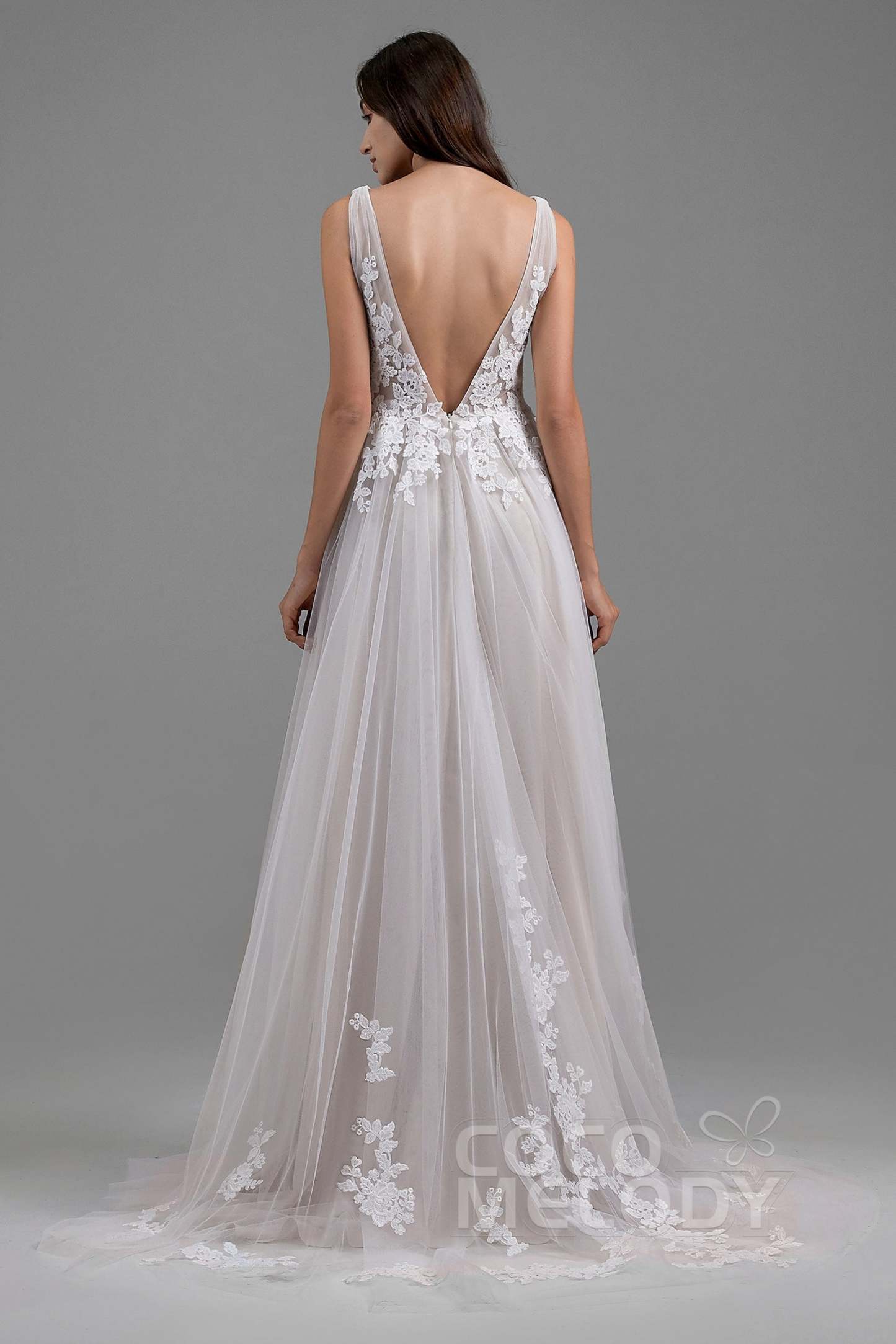 A-Line Sweep-Brush Train Tulle Wedding Dress
