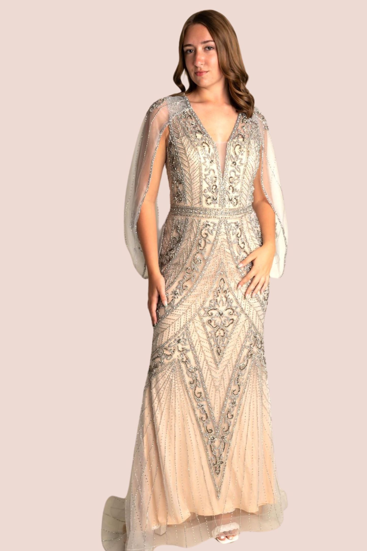 V neck champange beaded gown#LEE001
