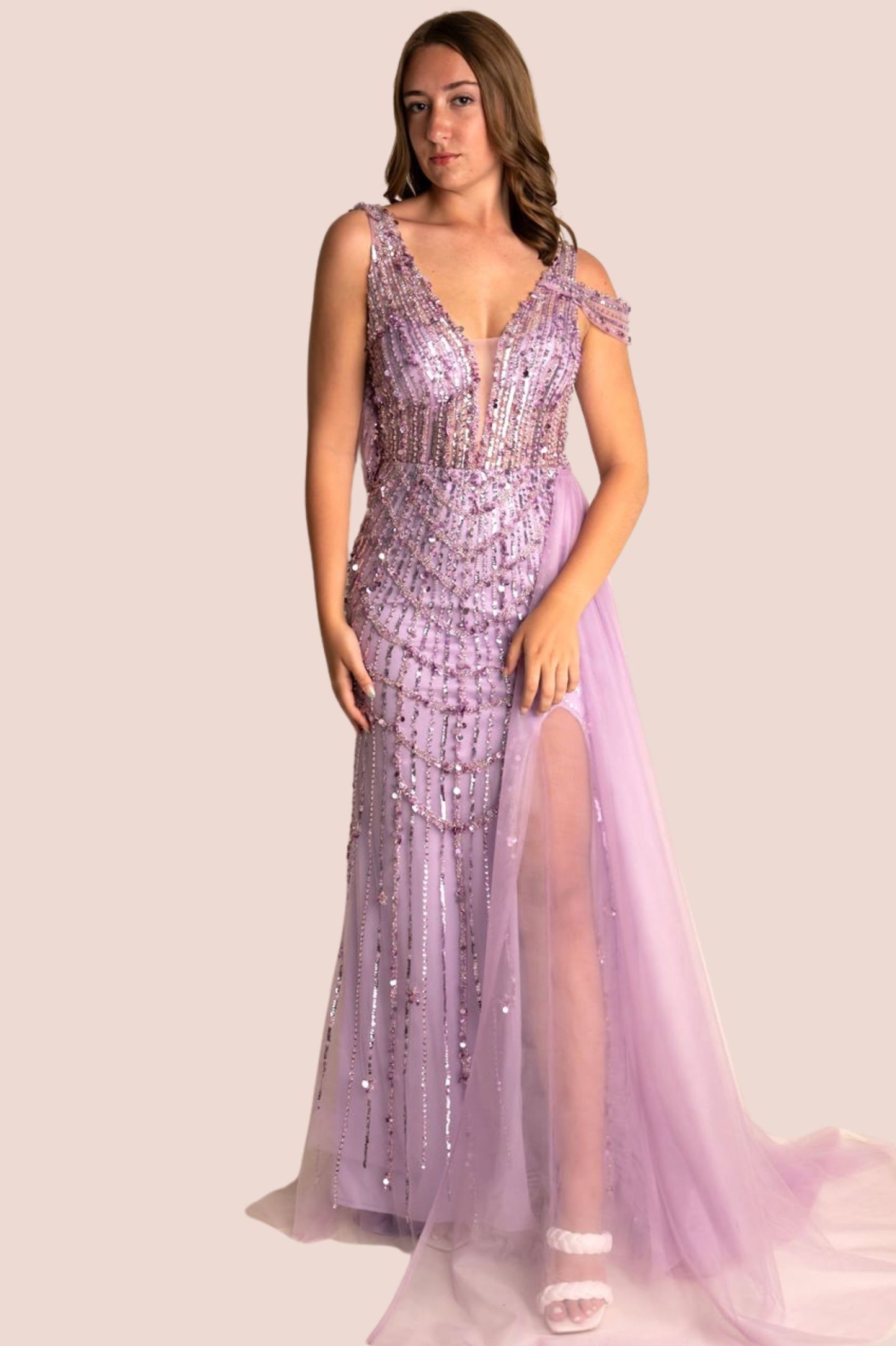Light purple v neck beaded gown#LEE002