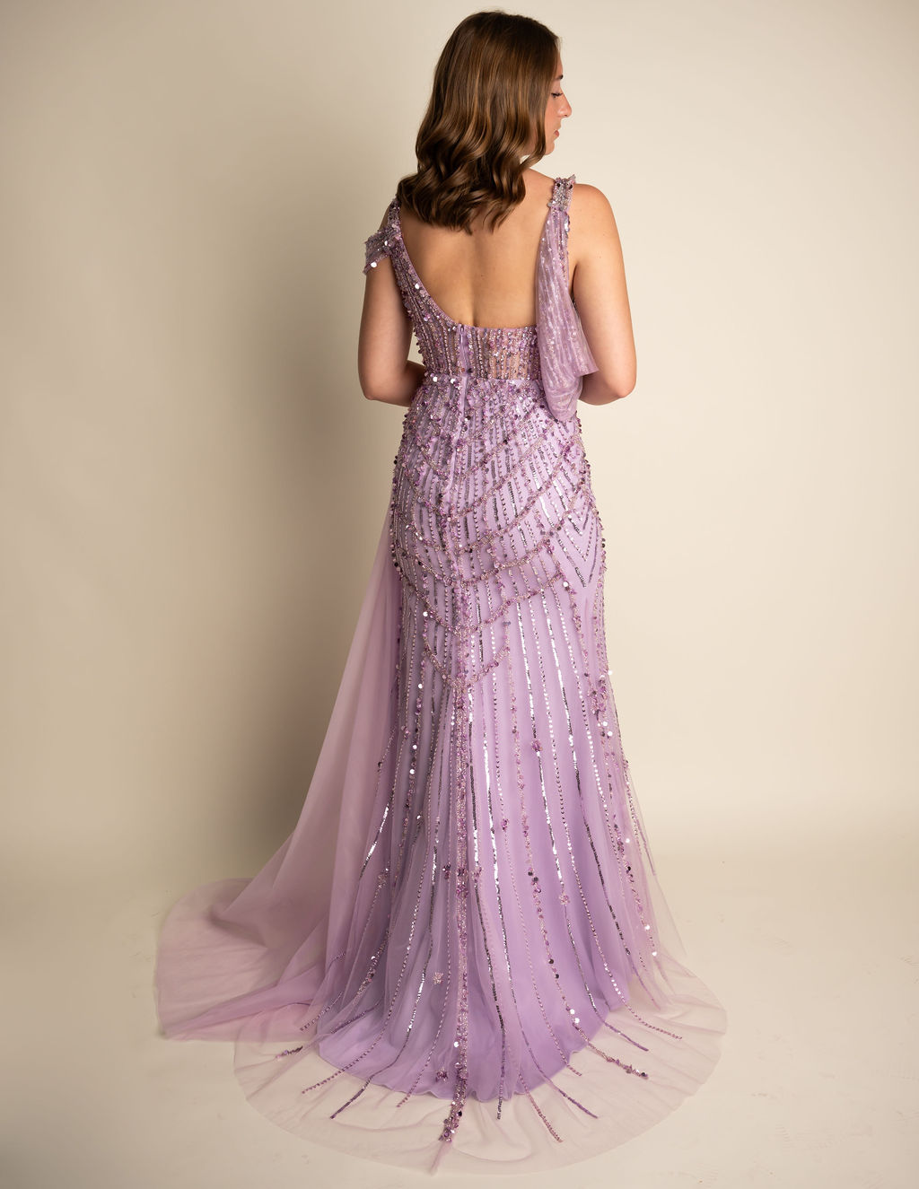 Light purple v neck beaded gown#LEE002