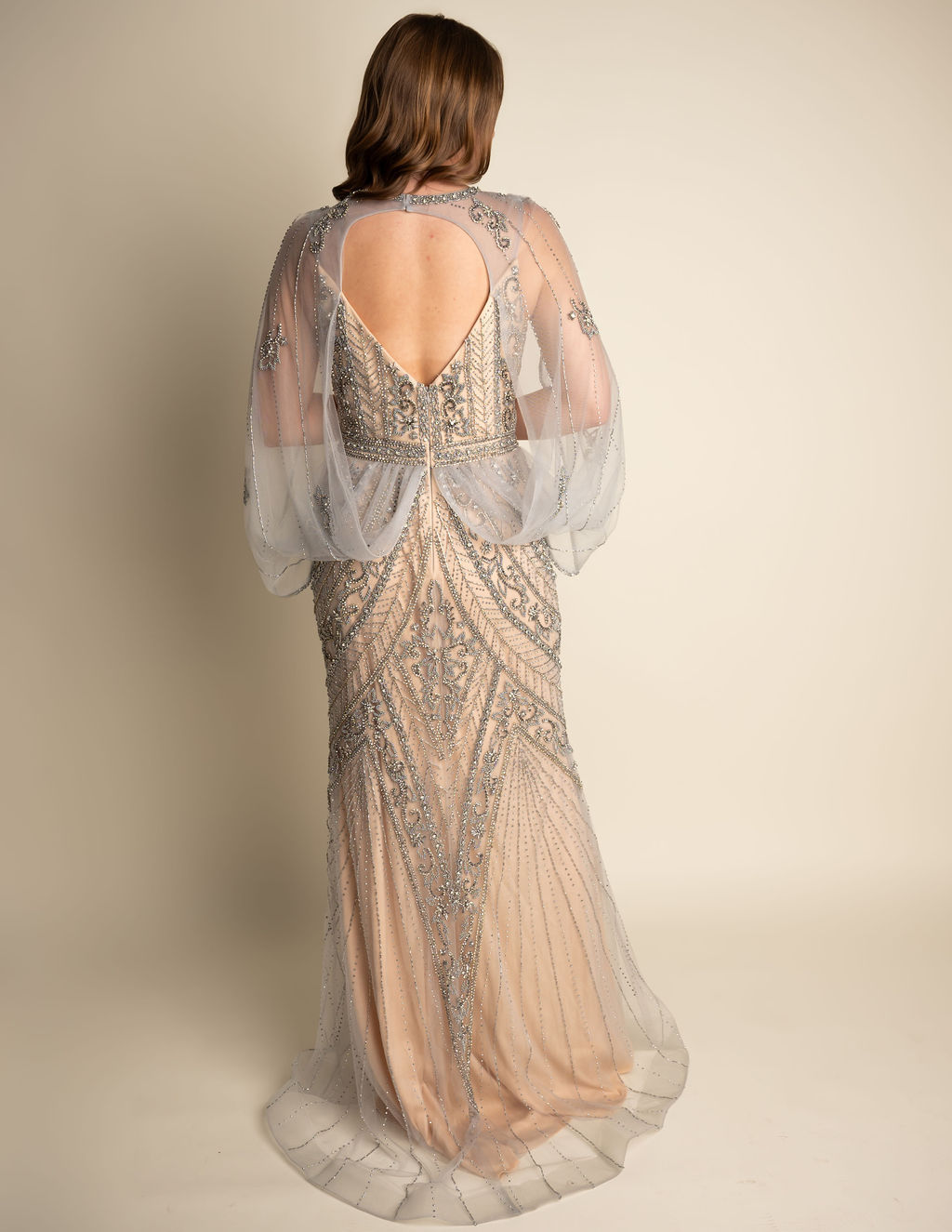 V neck champange beaded gown#LEE001