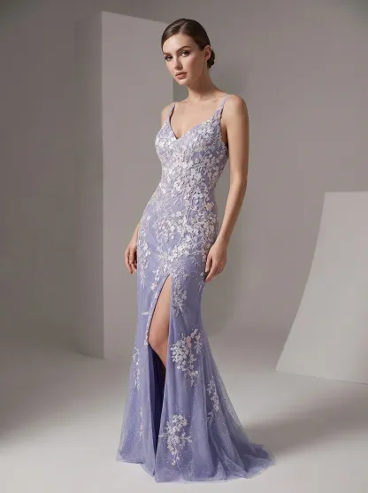 Light Blue Mermaid Prom Dress | V-Neck Beaded Gown with Appliques