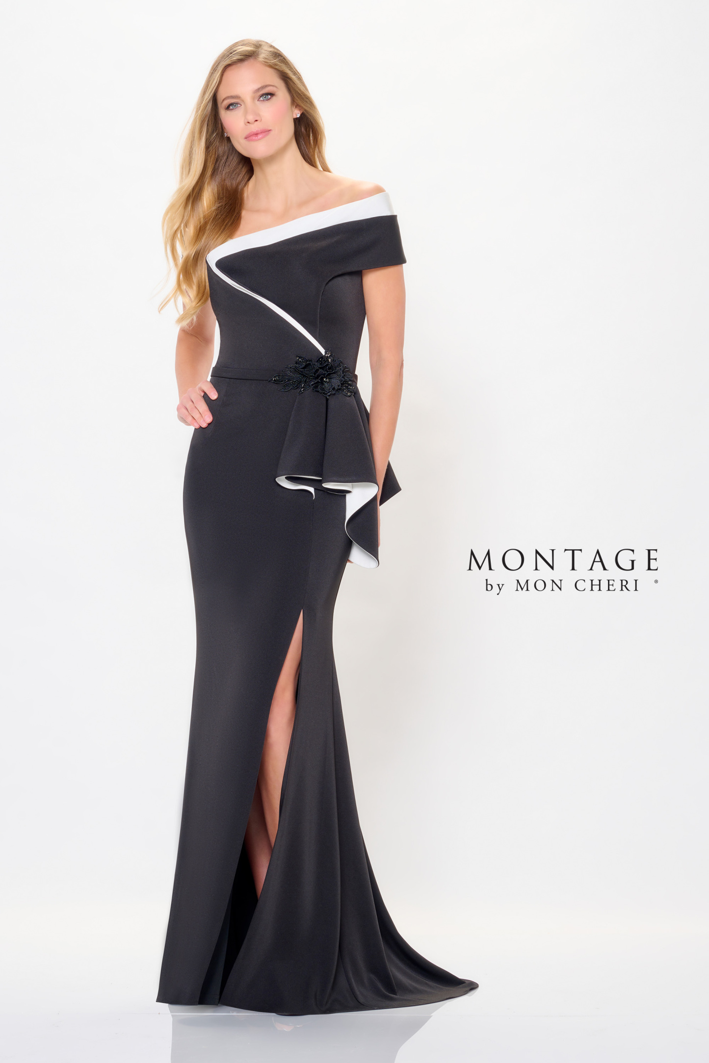 Striking Fit and Flare Off-the-Shoulder Crepe Mother of the Bride Dres