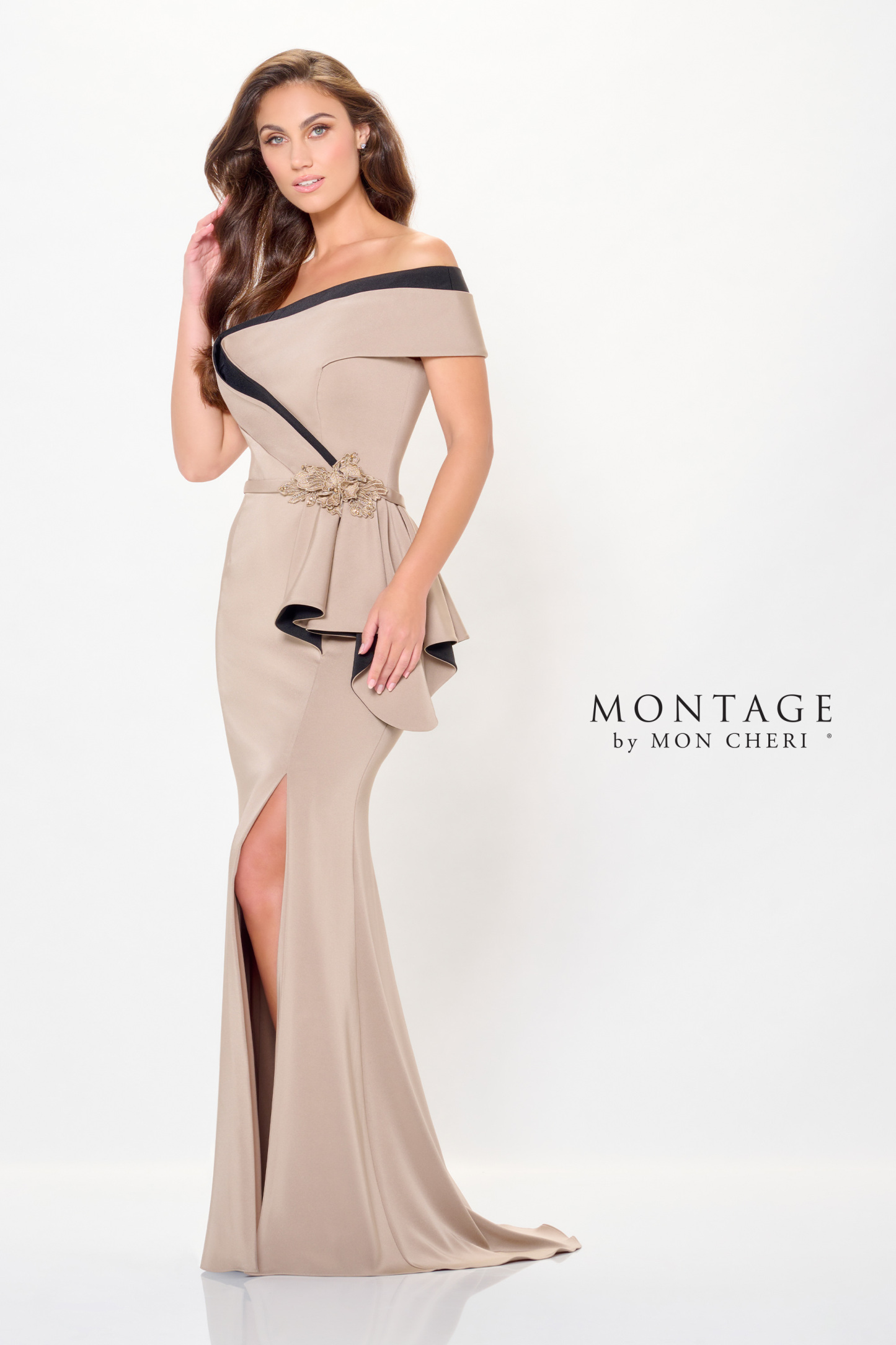 Striking Fit and Flare Off-the-Shoulder Crepe Mother of the Bride Dress #M902