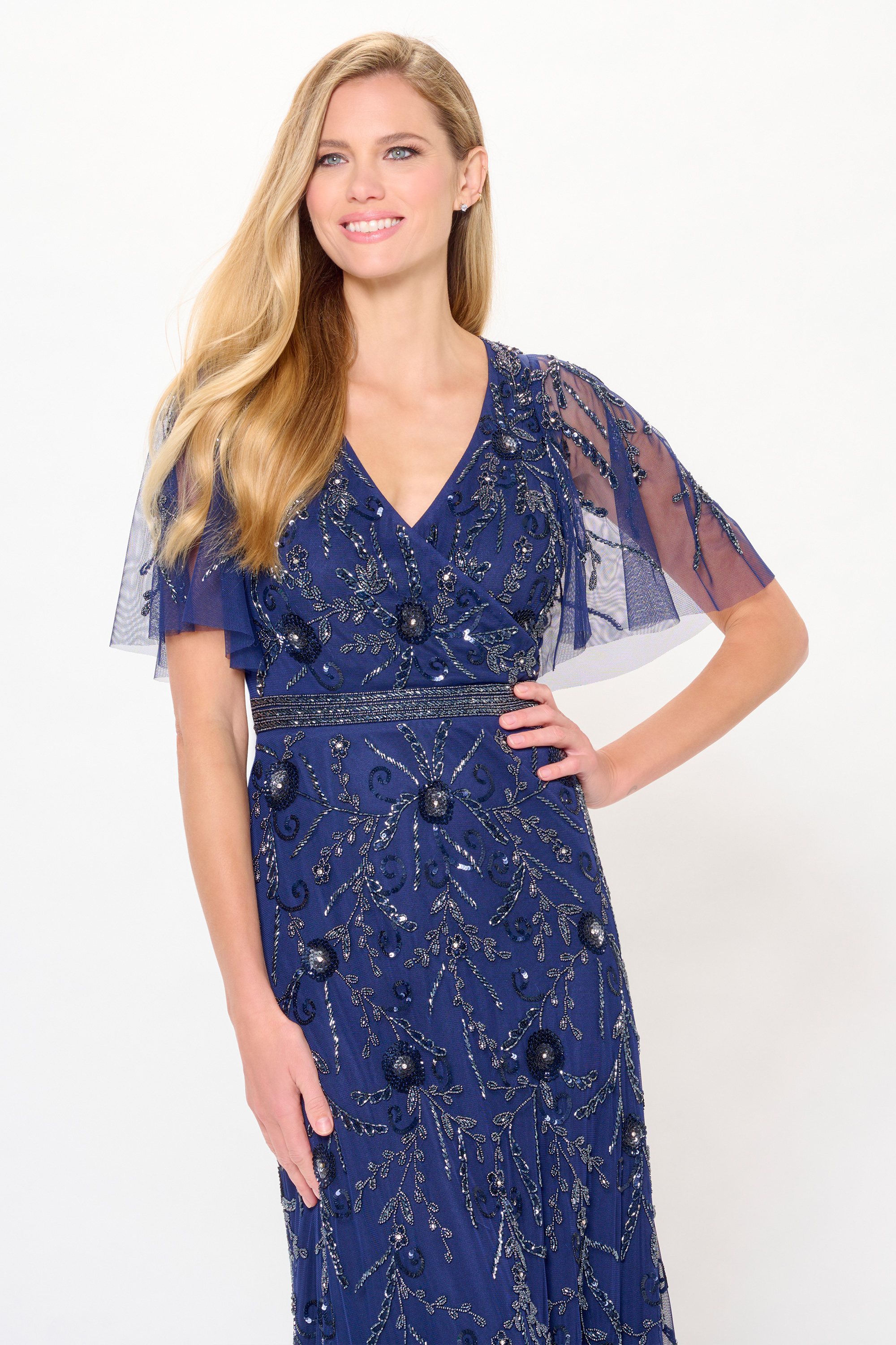 Grace  A-line V-Neck Sequin Tulle Short Sleeve Mother of the Bride Dress #M912