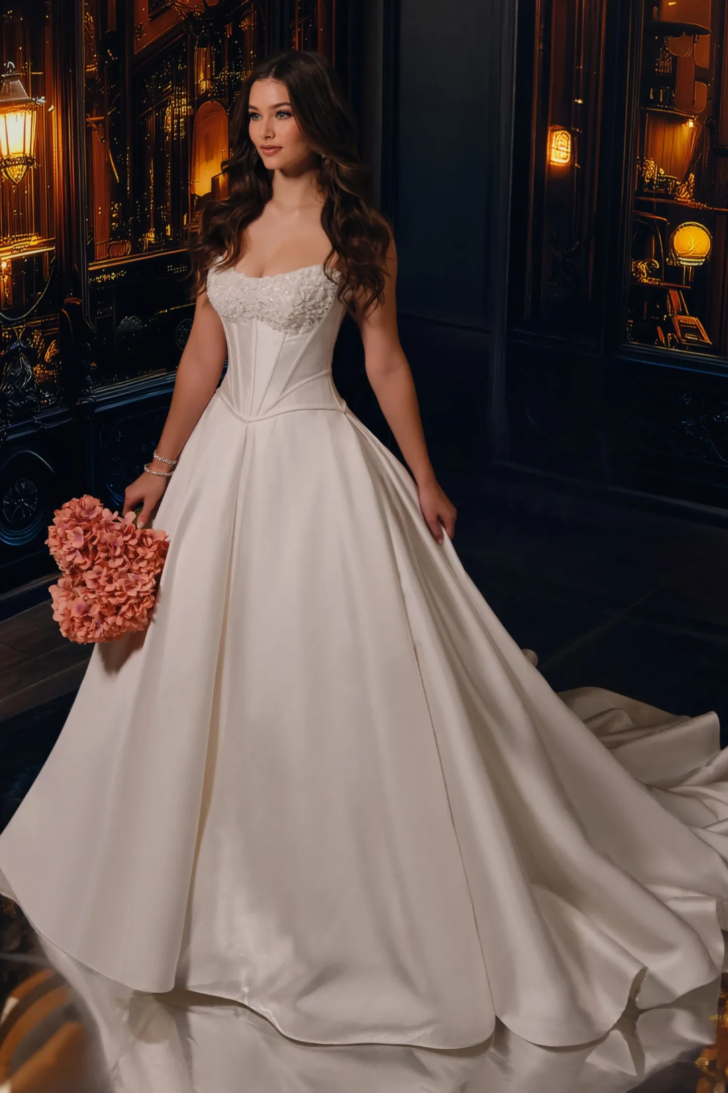 Ball Gown Curved Lace Appliques Mikado Wedding Dress #MT4011