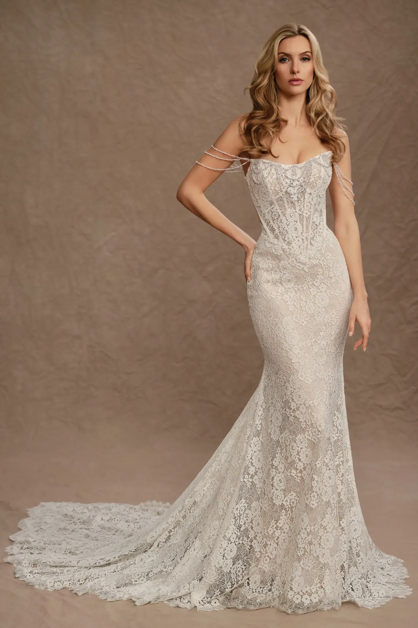 Mermaid Curved Alencon Lace Beading Wedding Dress #MT4014