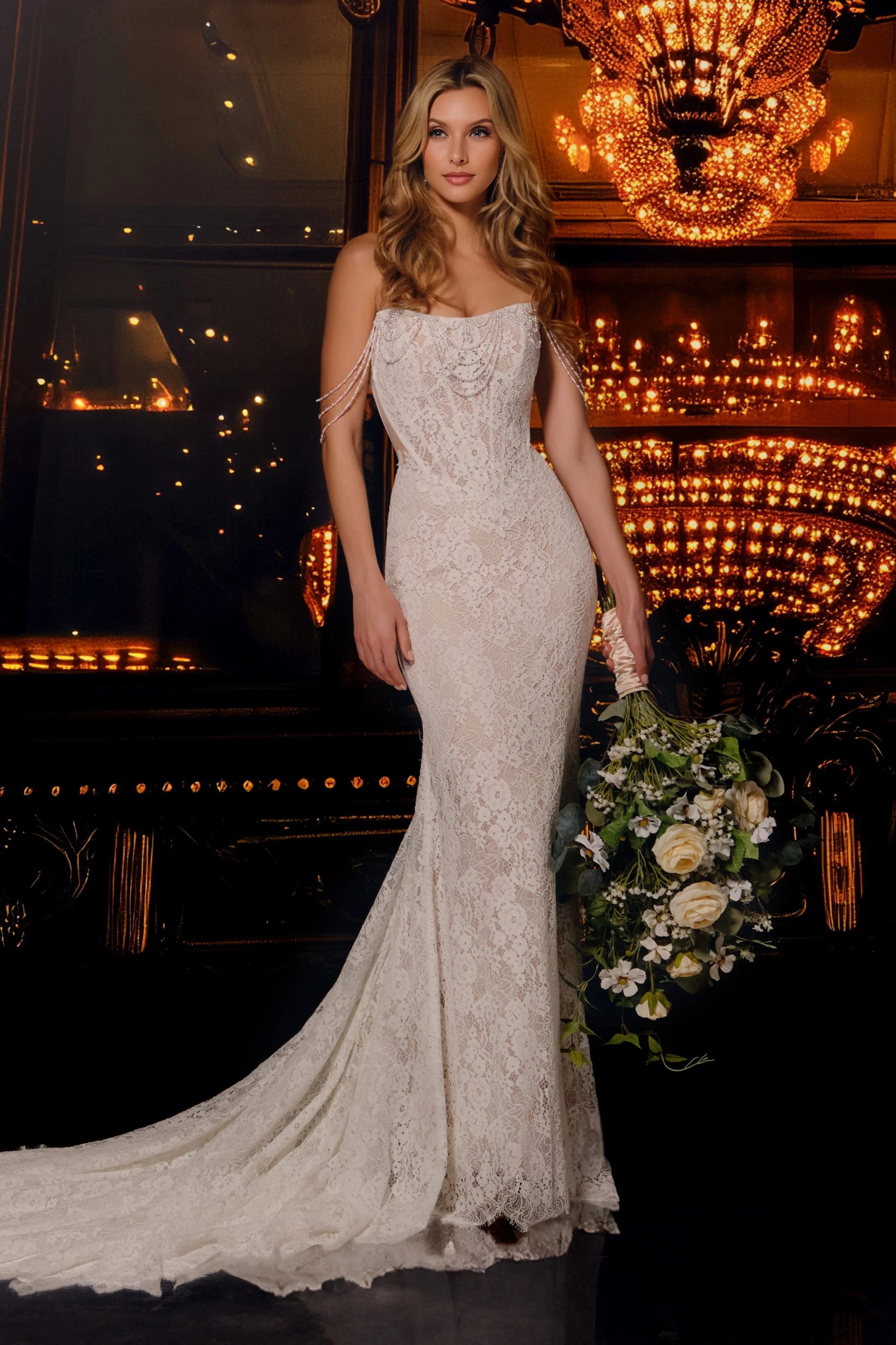Mermaid Curved Alencon Lace Beading Wedding Dress #MT4014
