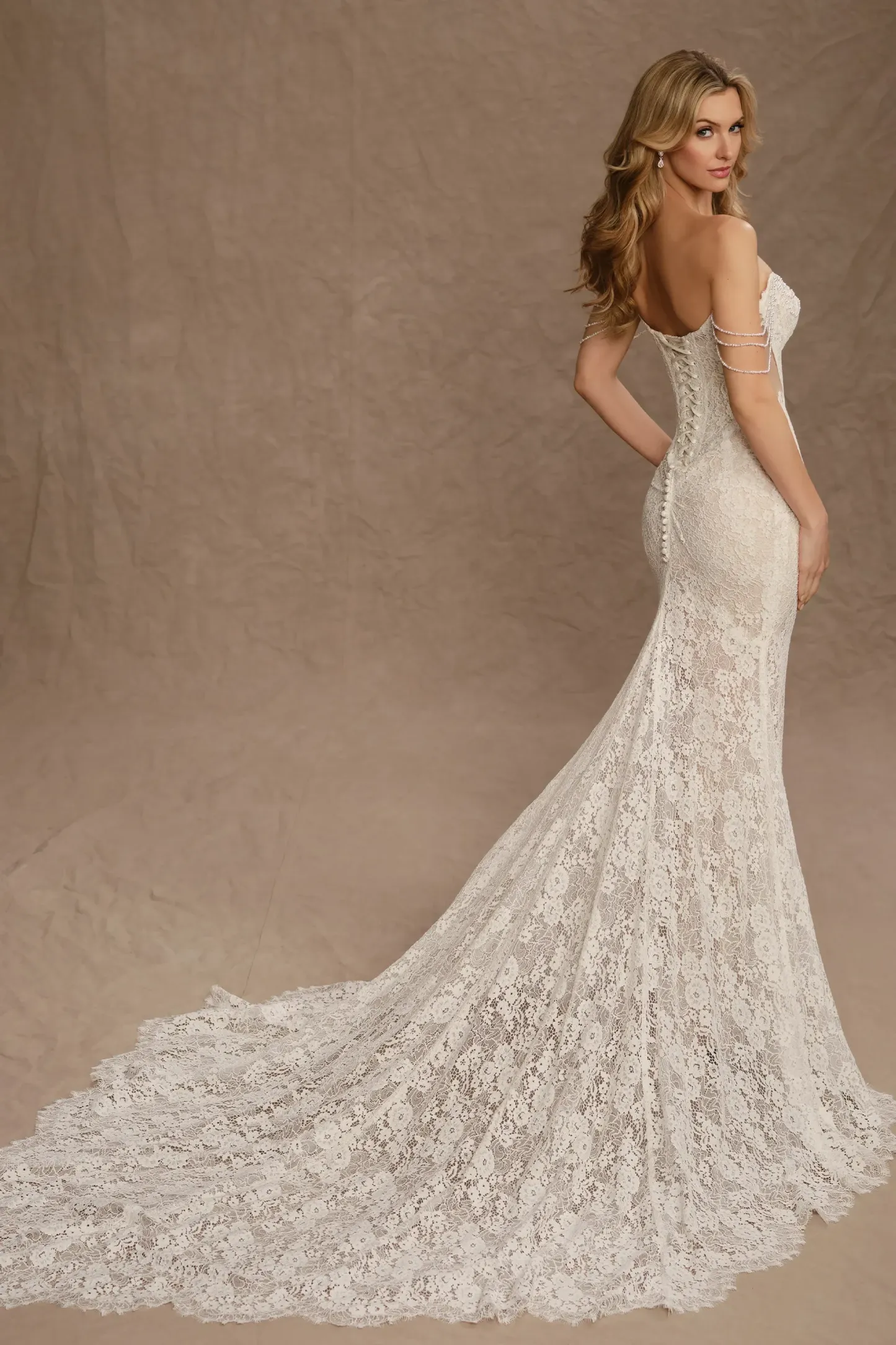 Mermaid Curved Alencon Lace Beading Wedding Dress #MT4014