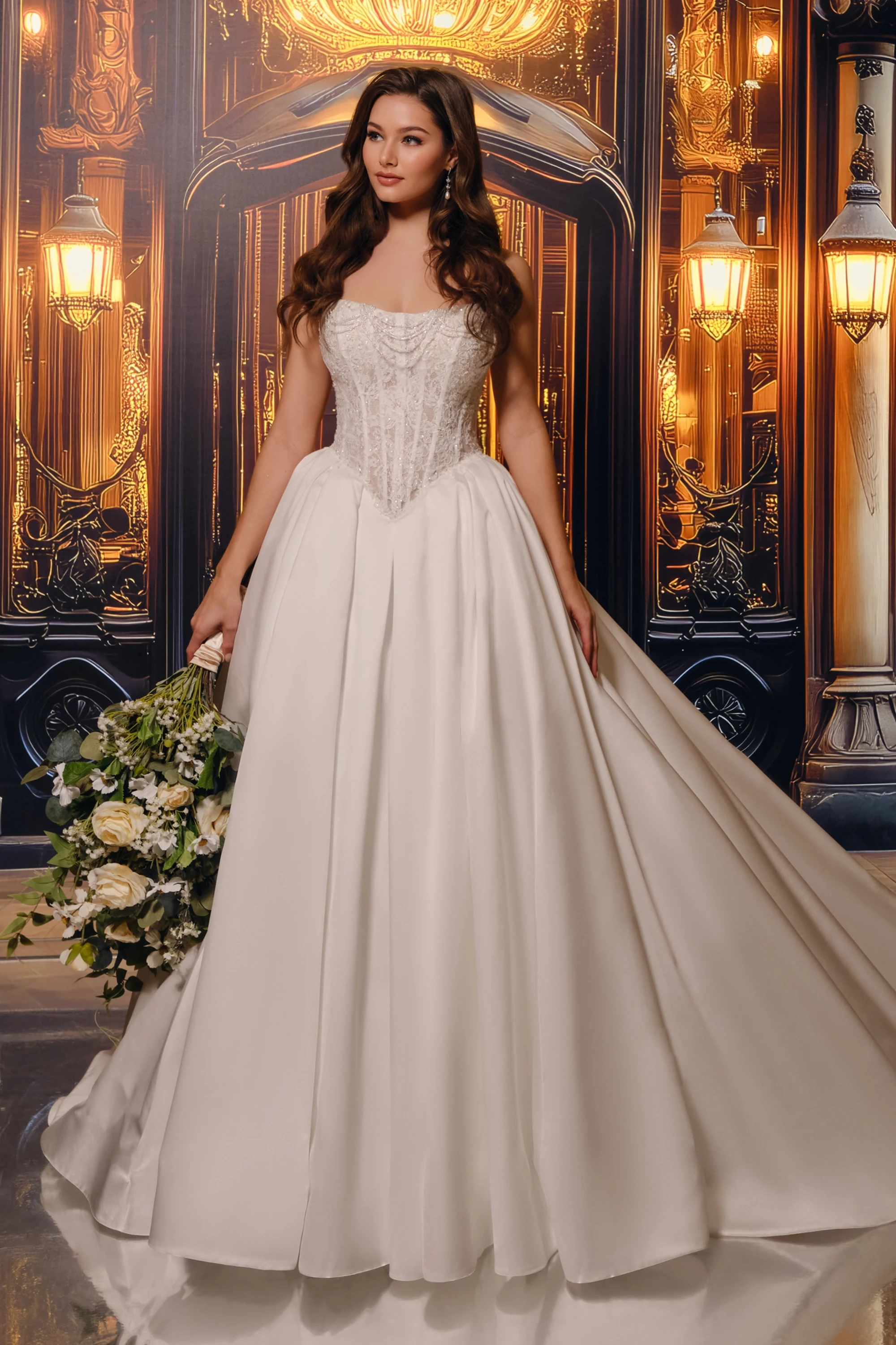 Curved Strapless Beading Satin Wedding Dress #MT4017