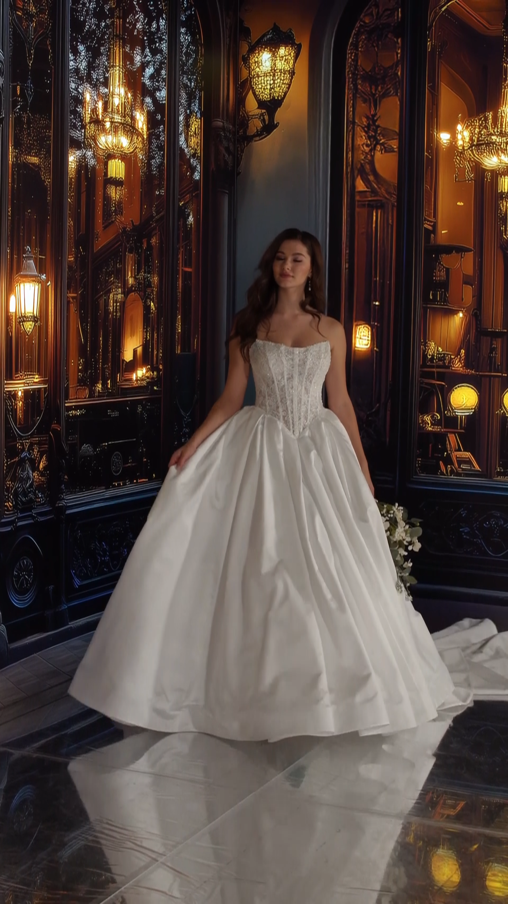 Curved Strapless Beading Satin Wedding Dress #MT4017