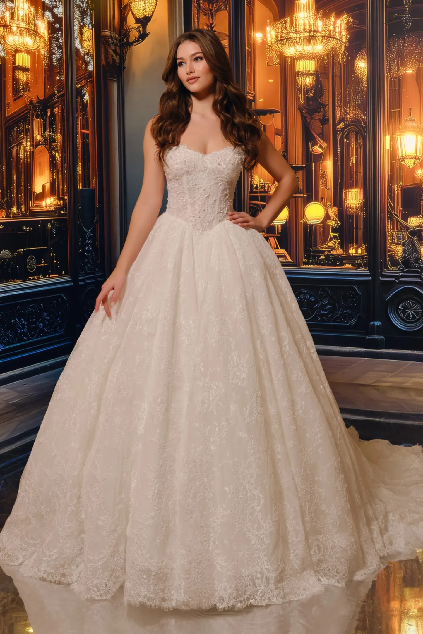 Strapless Sweetheart Beading Alencon Lace Wedding Dress #MT4022