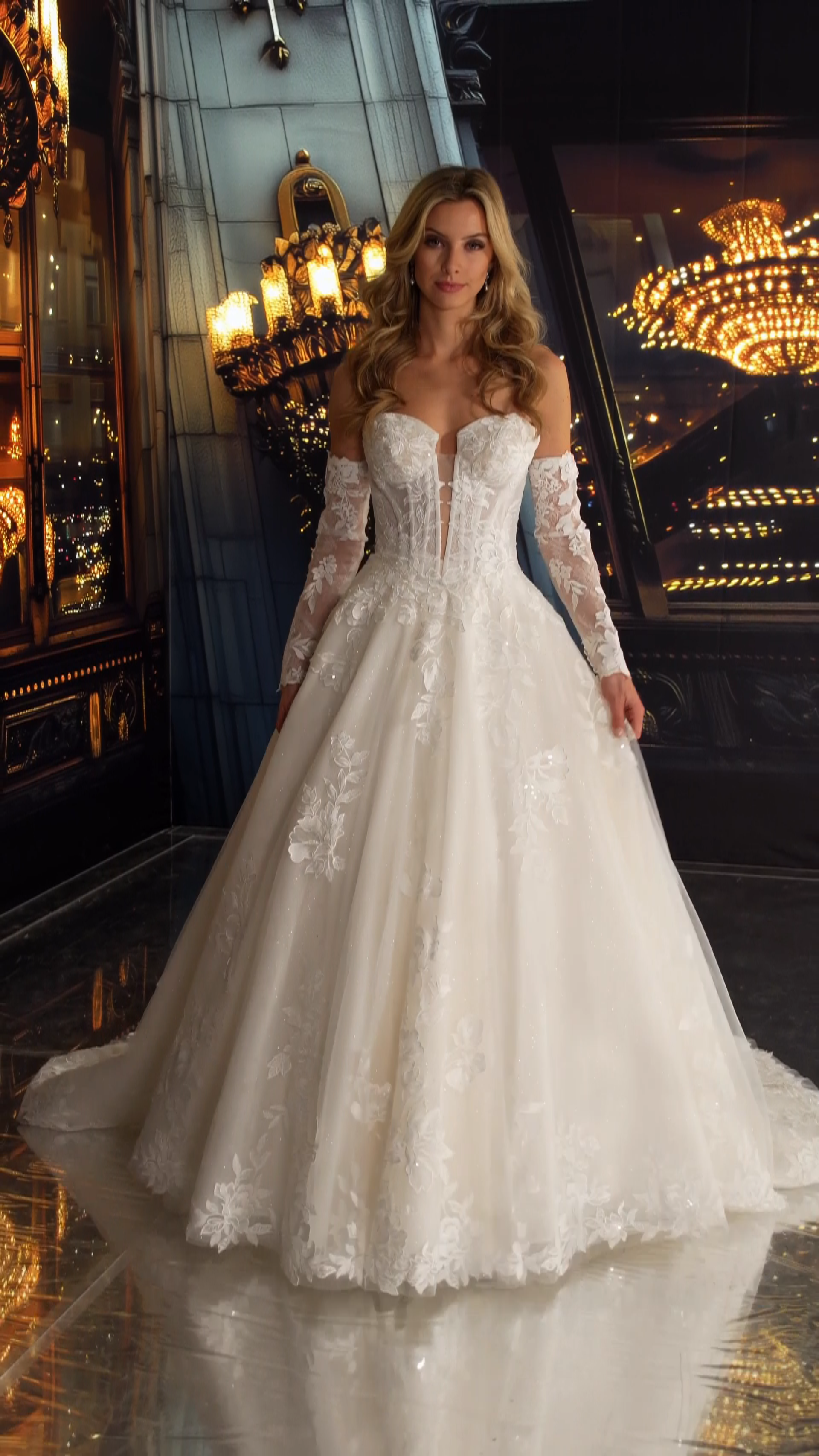 Ball Gown Sweetheart Sequin Lace Appliques Long Sleeves Wedding Dress #MT4024
