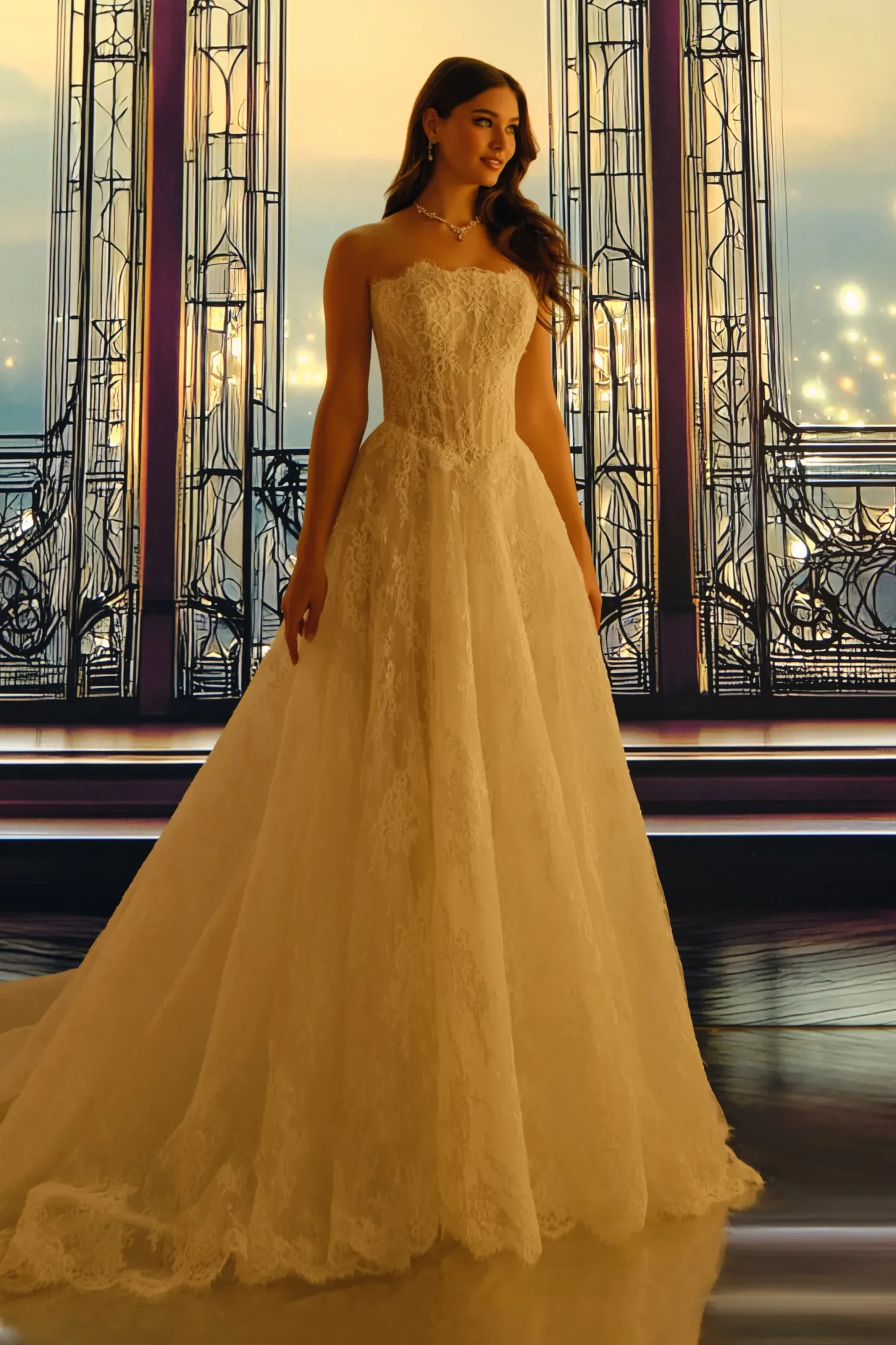 Straight Strapless Alencon Lace Wedding Dress #MT4025