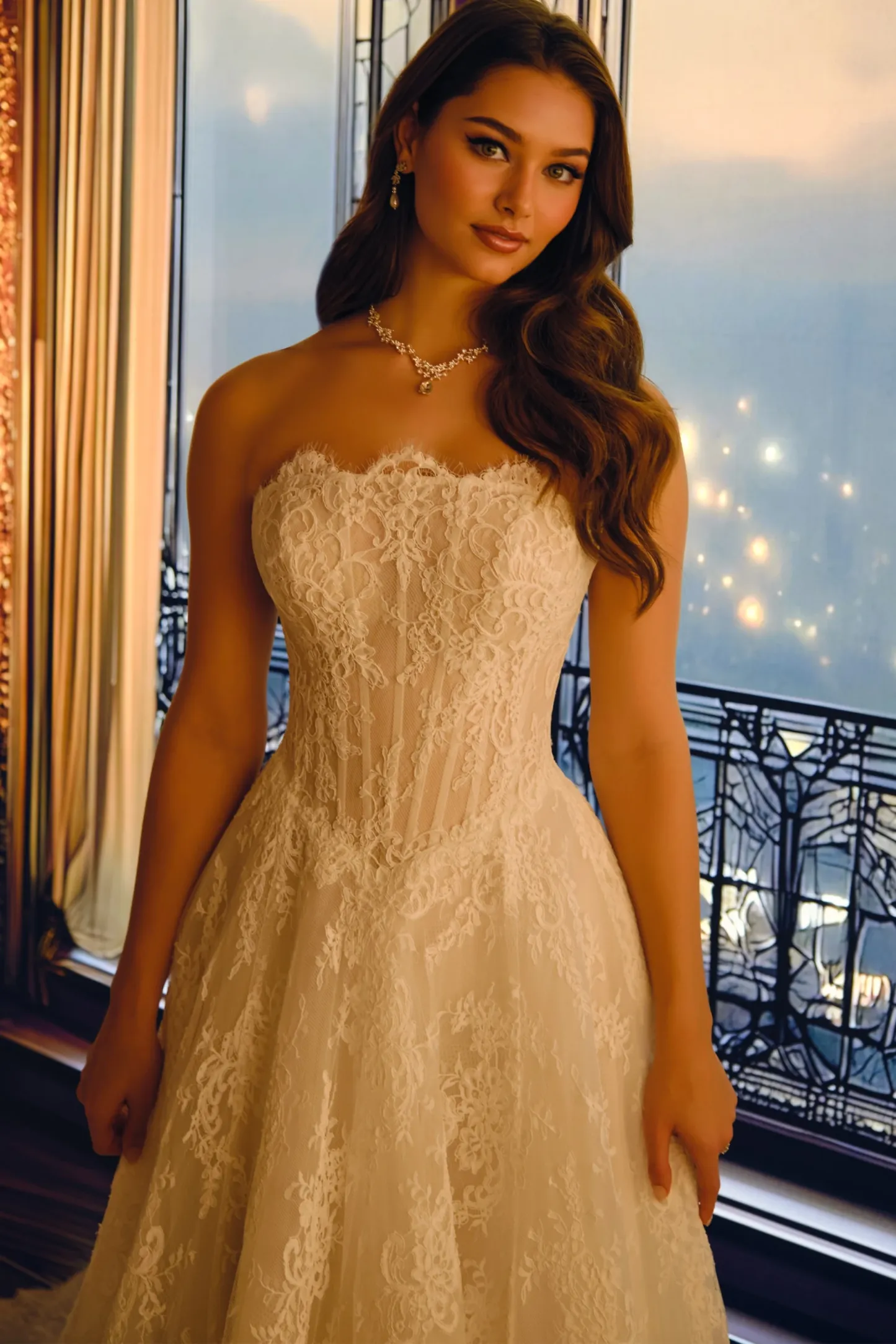 Straight Strapless Alencon Lace Wedding Dress #MT4025
