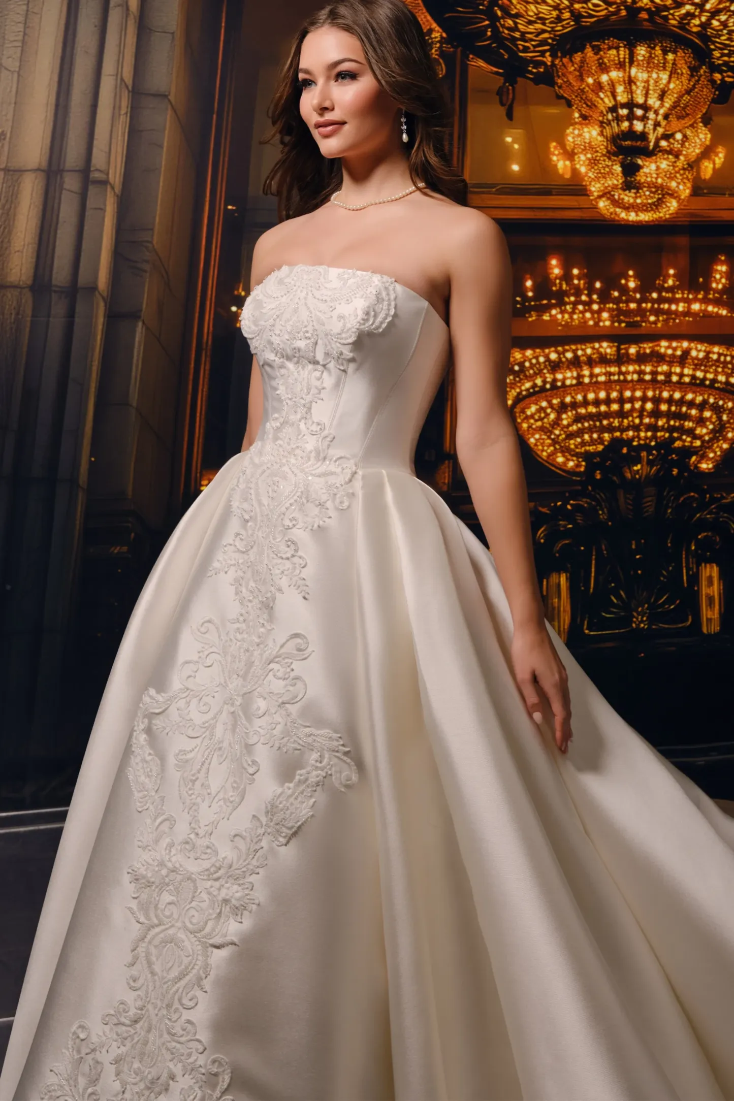 Straight Strapless Lace Appliques Mikado Wedding Dress With Pockets #MT4026