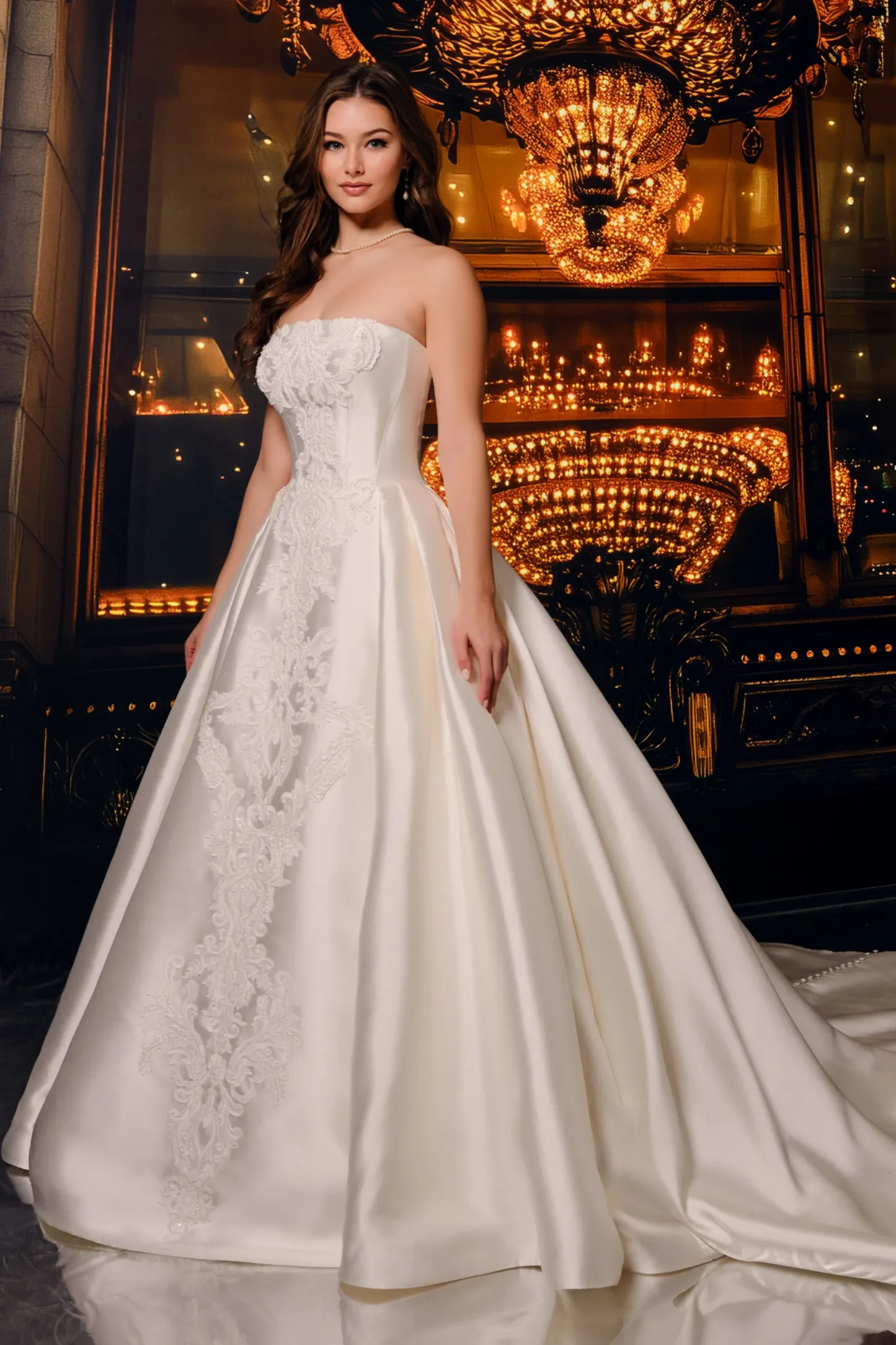 Straight Strapless Lace Appliques Mikado Wedding Dress With Pockets #MT4026