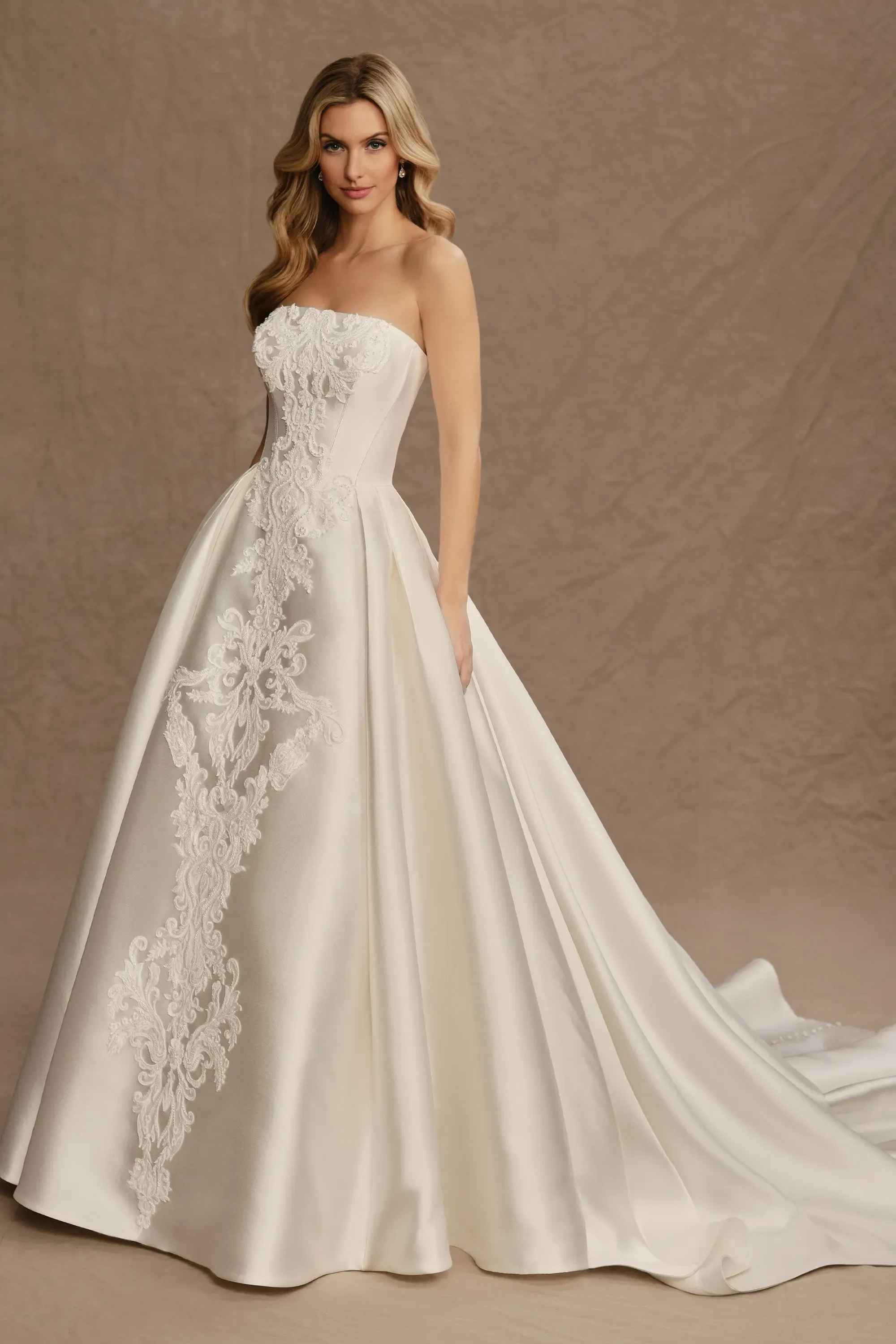 Straight Strapless Lace Appliques Mikado Wedding Dress With Pockets #MT4026