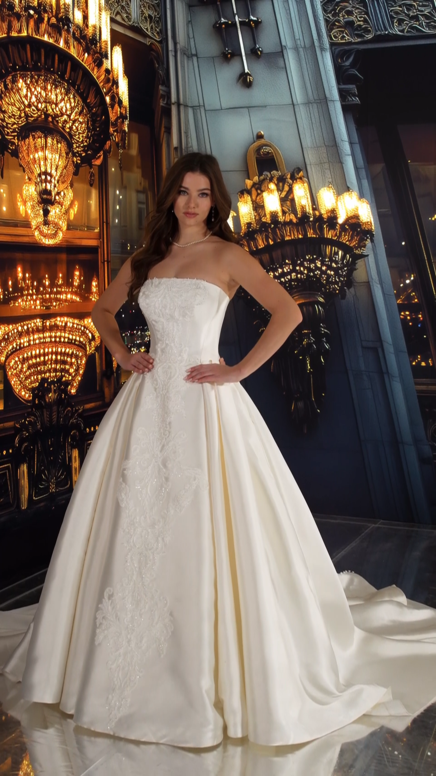 Straight Strapless Lace Appliques Mikado Wedding Dress With Pockets #MT4026