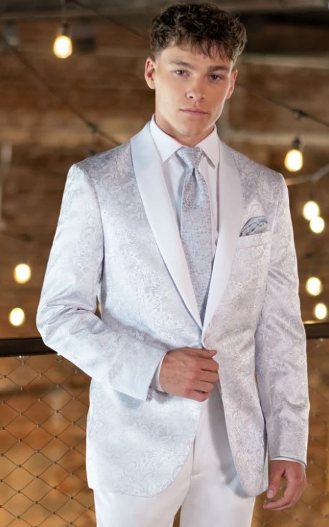 (Buy) White/Silver Paisley Slim Fit Tuxedo Coat | STYLE N172