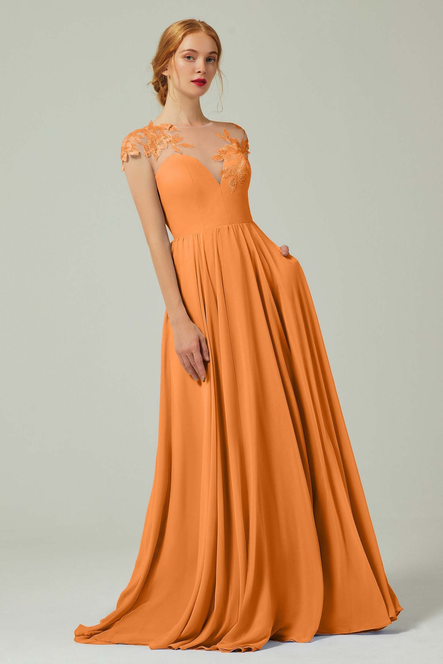 A-Line Sweep-Brush-Train Chiffon Bridesmaid Dress CB0248