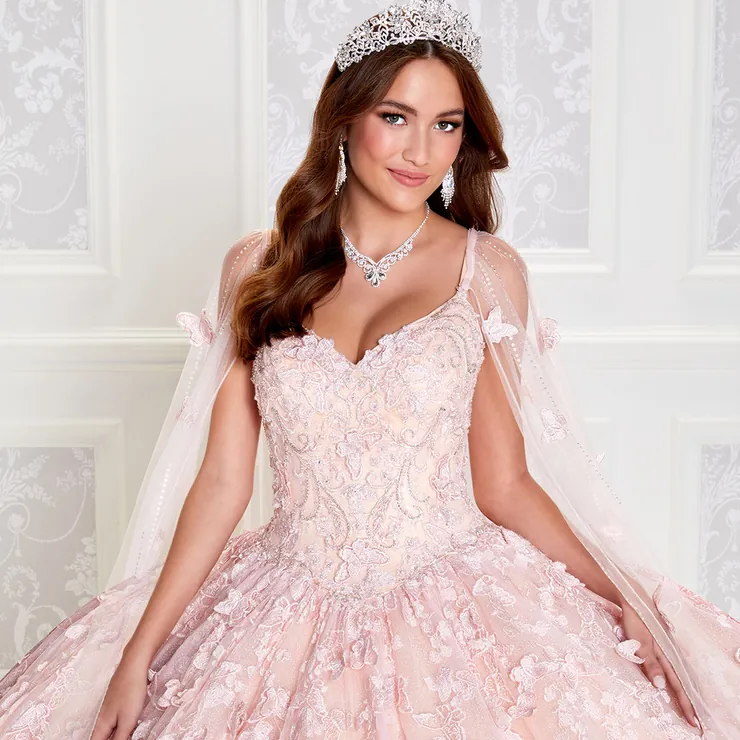 V-Neck Beading Embroidered Lace Quinceanera Dress With Detachable Cape #PR12261