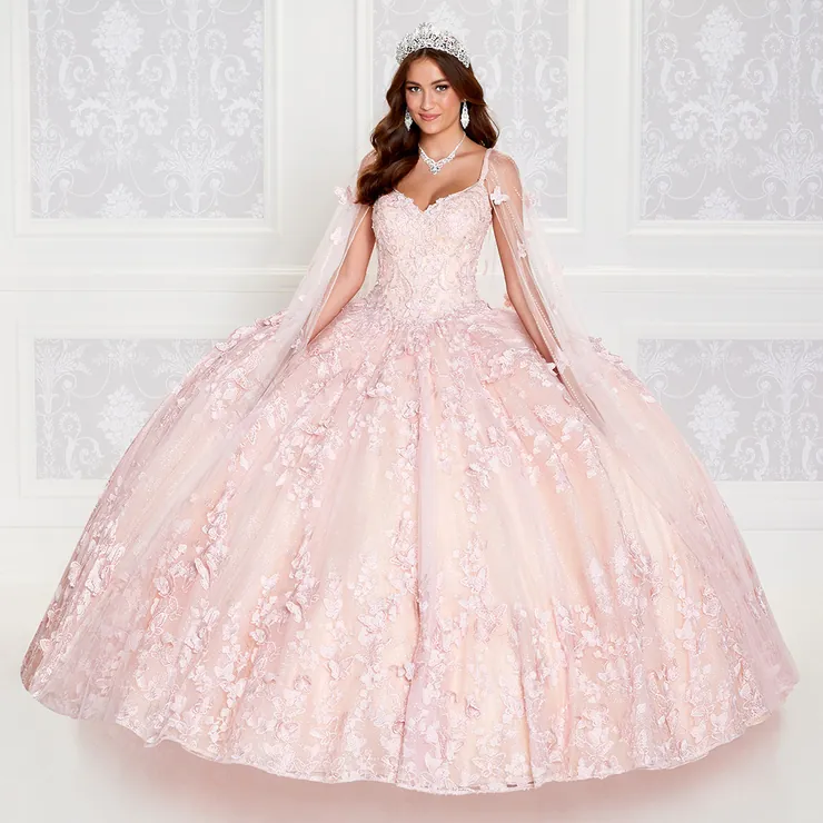 V-Neck Beading Embroidered Lace Quinceanera Dress With Detachable Cape #PR12261