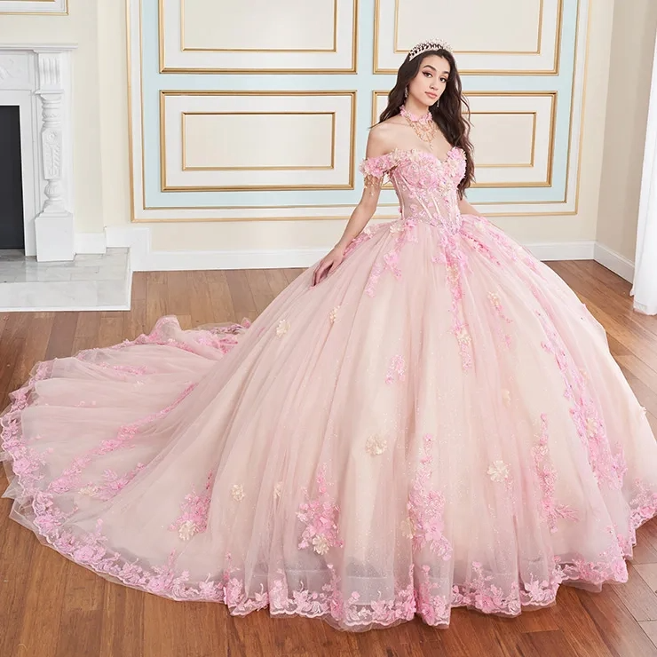 Sweetheart Off-The-Shoulder Applique Beading Glitter Tulle Quinceanera Dress #PR30178